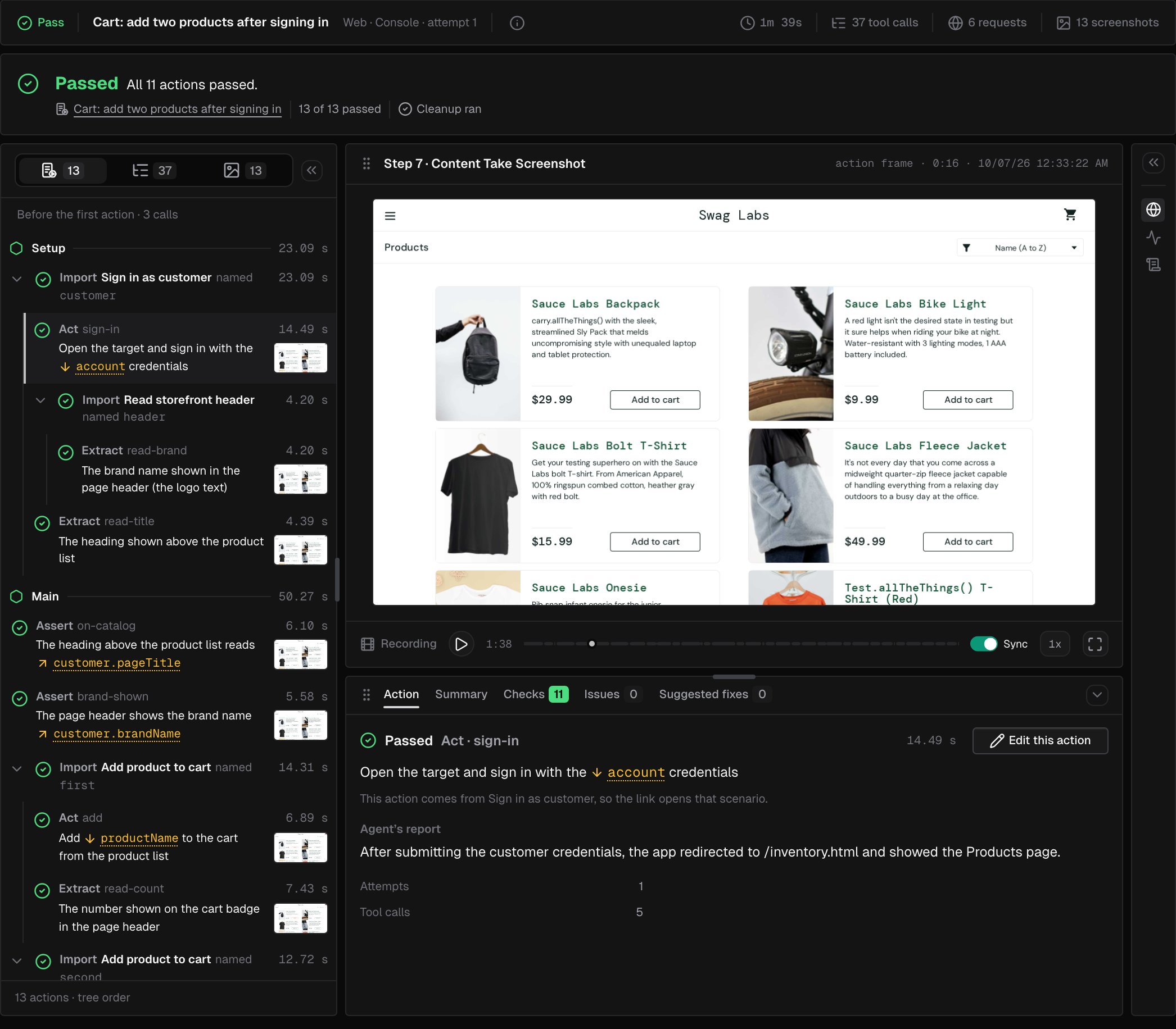 A passed scenario run: the outcome band says all actions passed and cleanup ran, the Steps panel lists Setup and Main with each action's status and time, and the Action tab shows the selected action with Edit this action