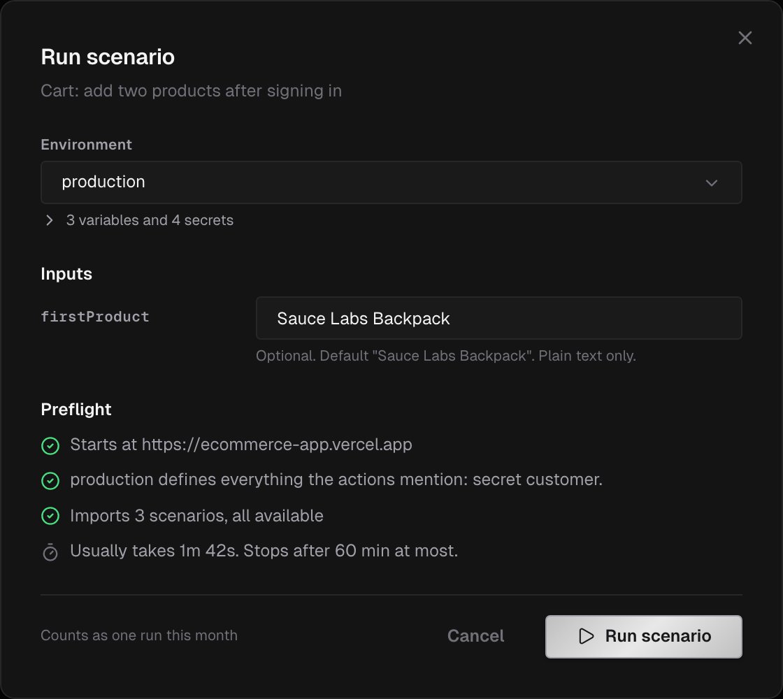 Run scenario dialog with the production environment, the optional firstProduct input with its default, and the Preflight checklist: the start URL, the secret the environment defines, the imports and the usual duration