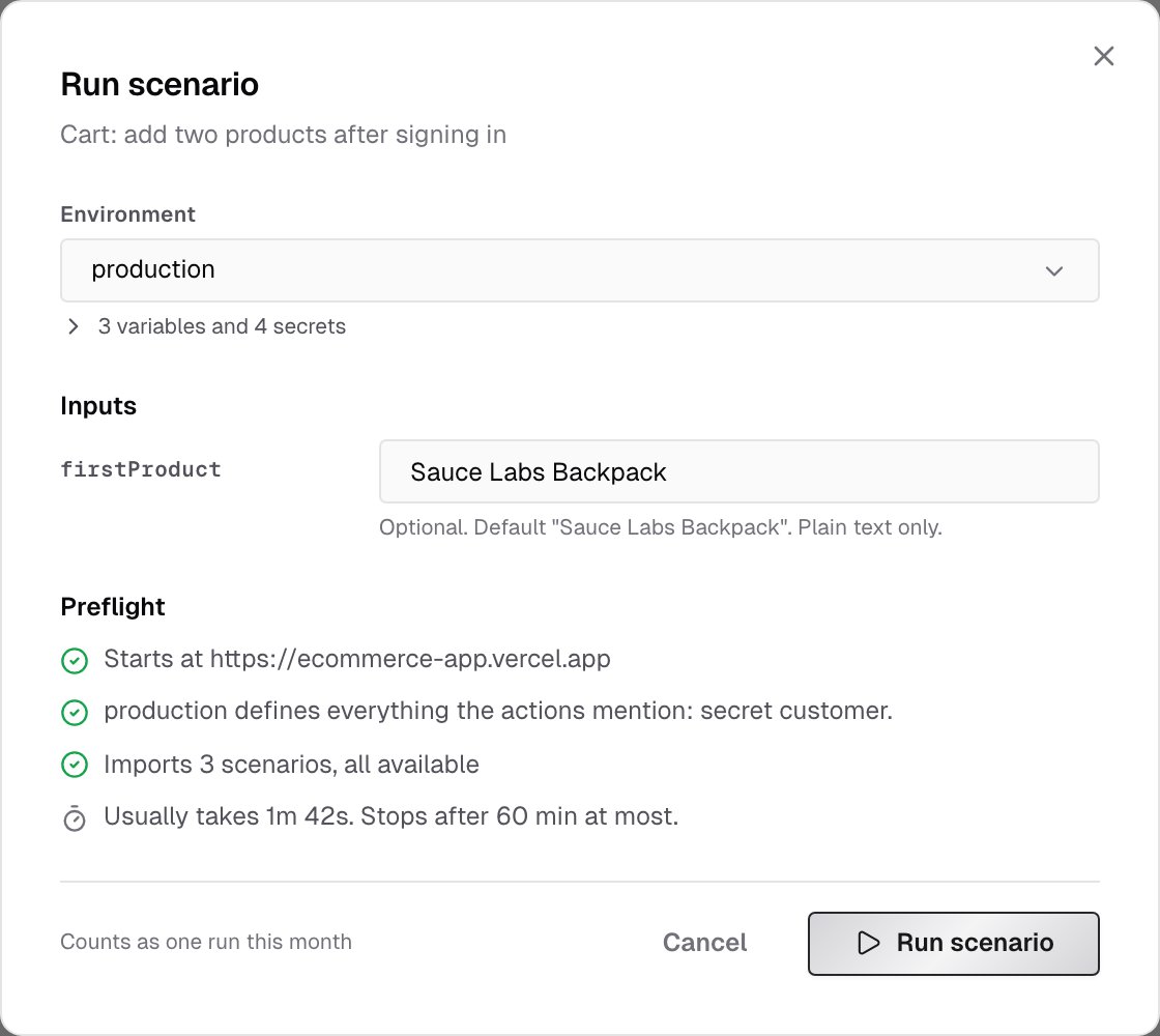 Run scenario dialog with the production environment, the optional firstProduct input with its default, and the Preflight checklist: the start URL, the secret the environment defines, the imports and the usual duration