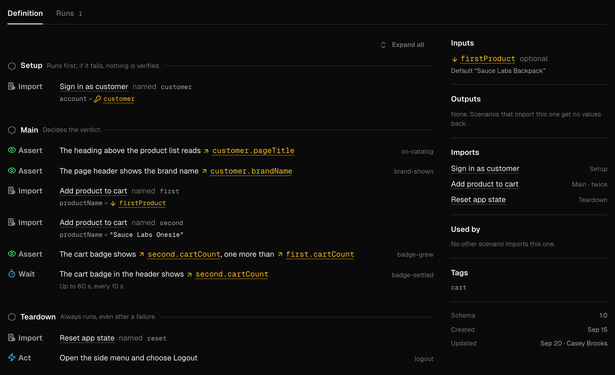 Definition tab of a scenario: Setup imports Sign in as customer, Main has asserts, two imports of Add product to cart and a wait, Teardown imports Reset app state and logs out; the right panel lists its inputs, outputs, imports, Used by and tags