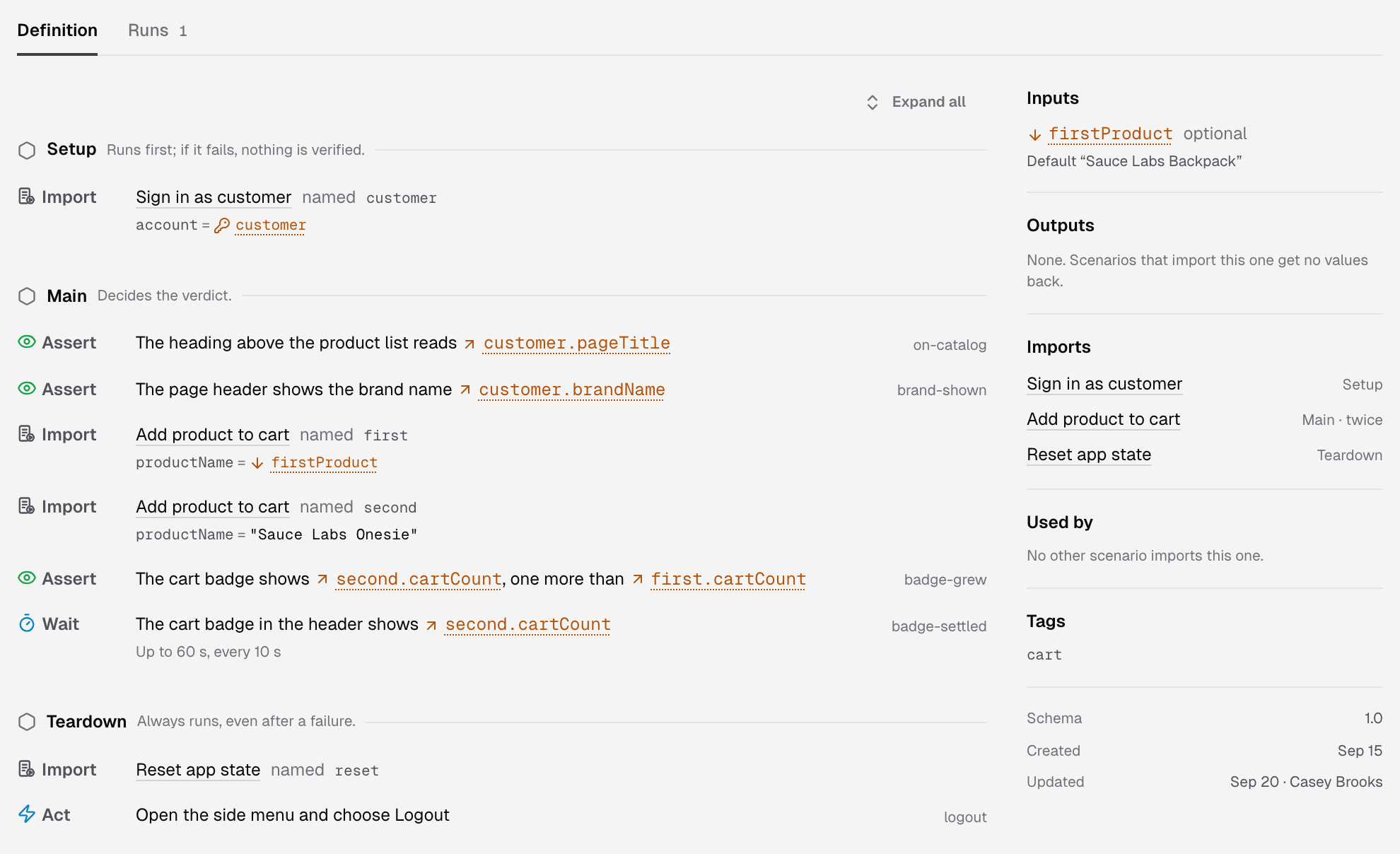Definition tab of a scenario: Setup imports Sign in as customer, Main has asserts, two imports of Add product to cart and a wait, Teardown imports Reset app state and logs out; the right panel lists its inputs, outputs, imports, Used by and tags