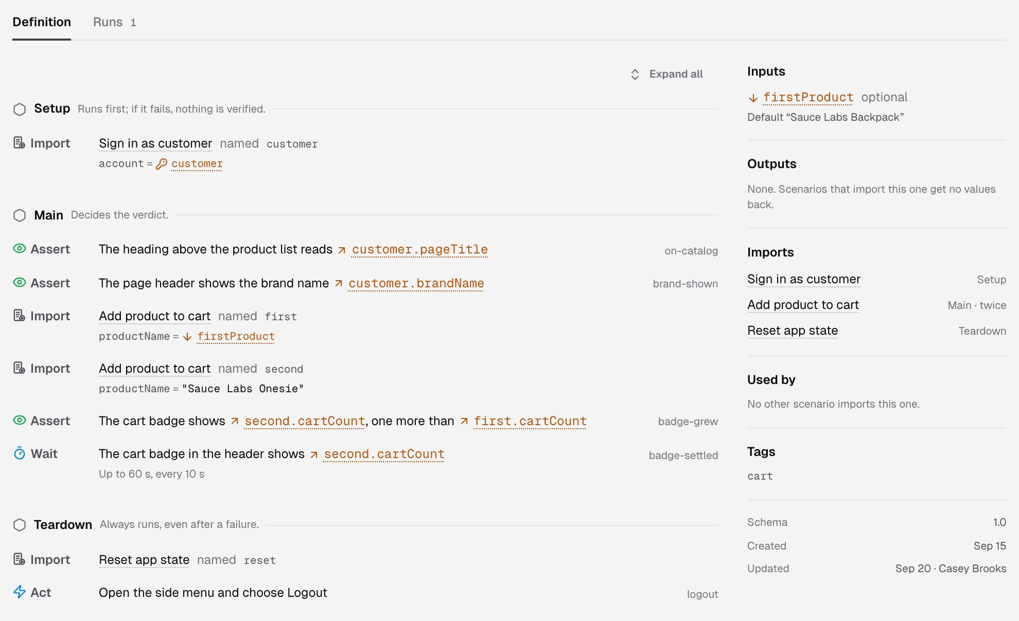 Definition tab of a scenario: Setup imports Sign in as customer, Main has asserts, two imports of Add product to cart and a wait, Teardown imports Reset app state and logs out; the right panel lists its inputs, outputs, imports, Used by and tags