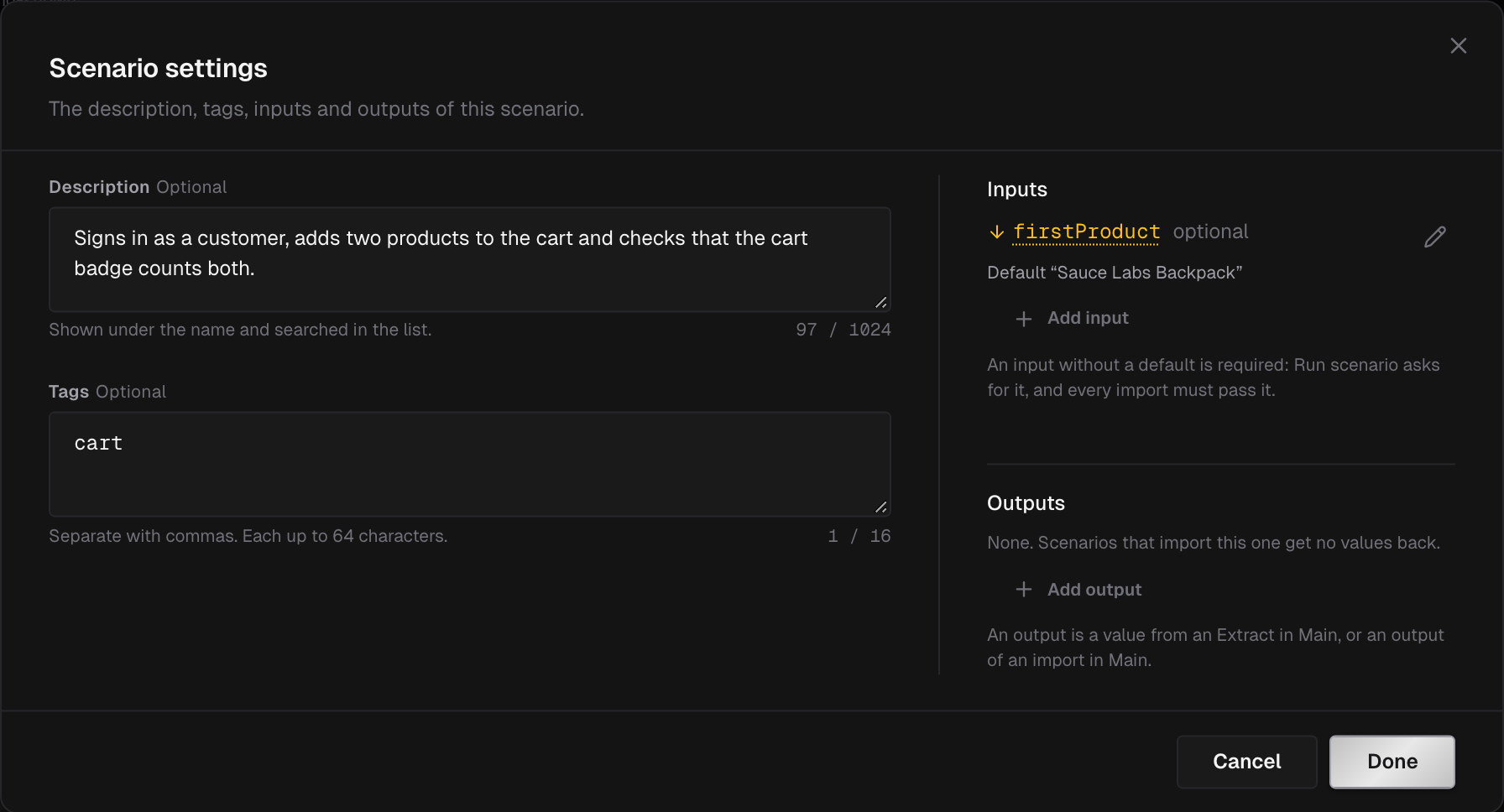 Scenario settings dialog with a description, tags, an optional input with its default value, and the Outputs section