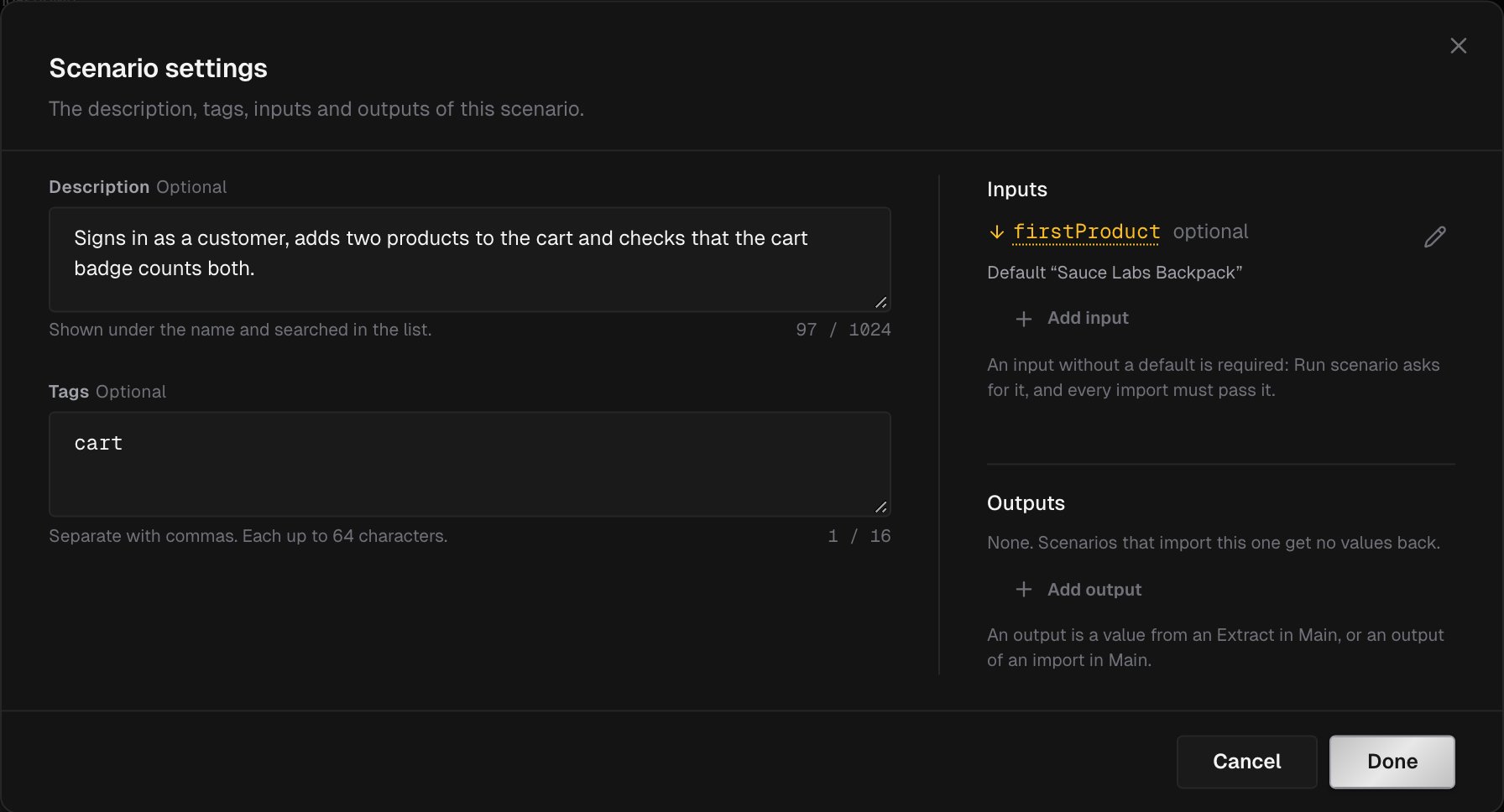 Scenario settings dialog with a description, tags, an optional input with its default value, and the Outputs section