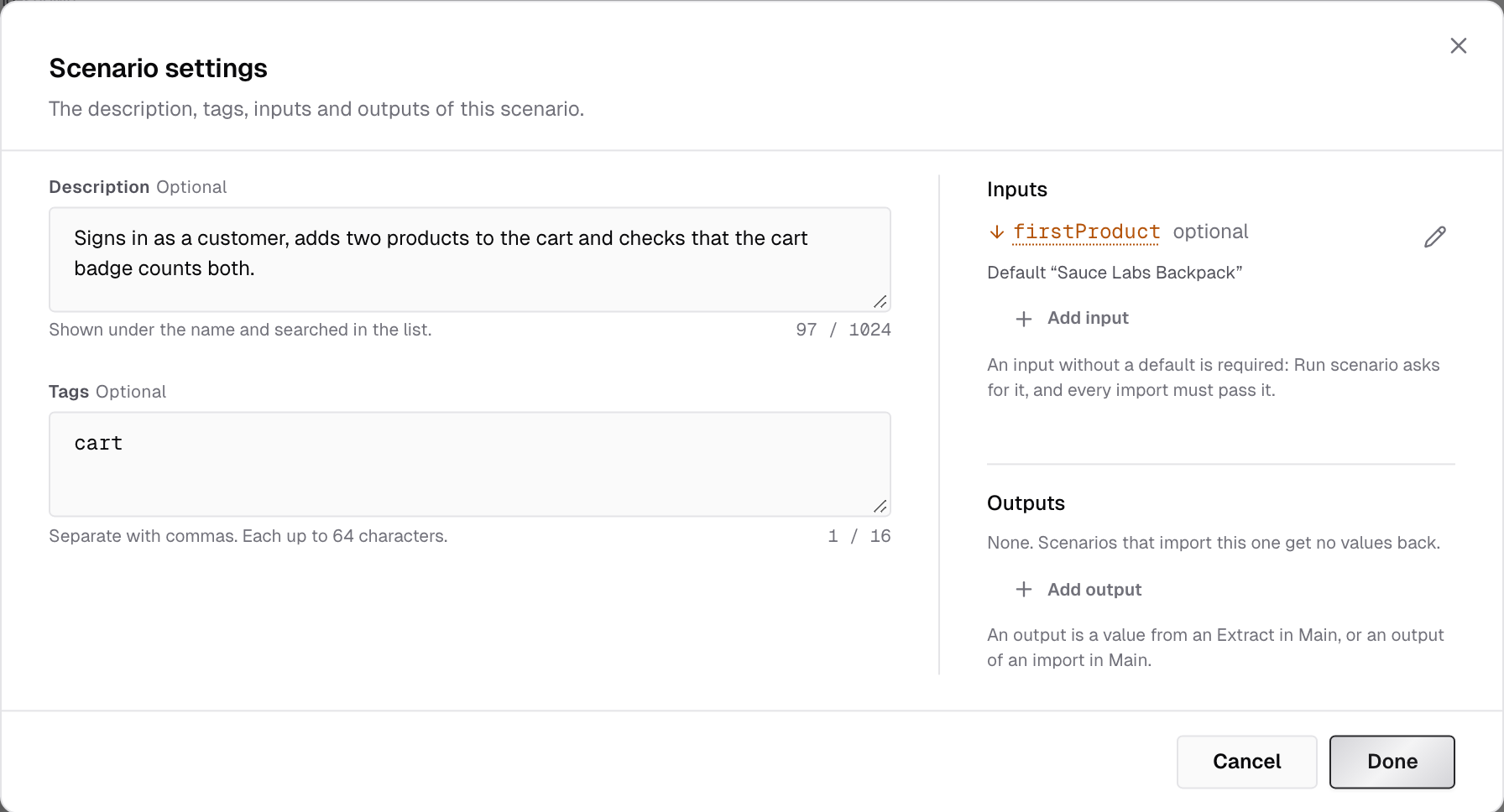 Scenario settings dialog with a description, tags, an optional input with its default value, and the Outputs section