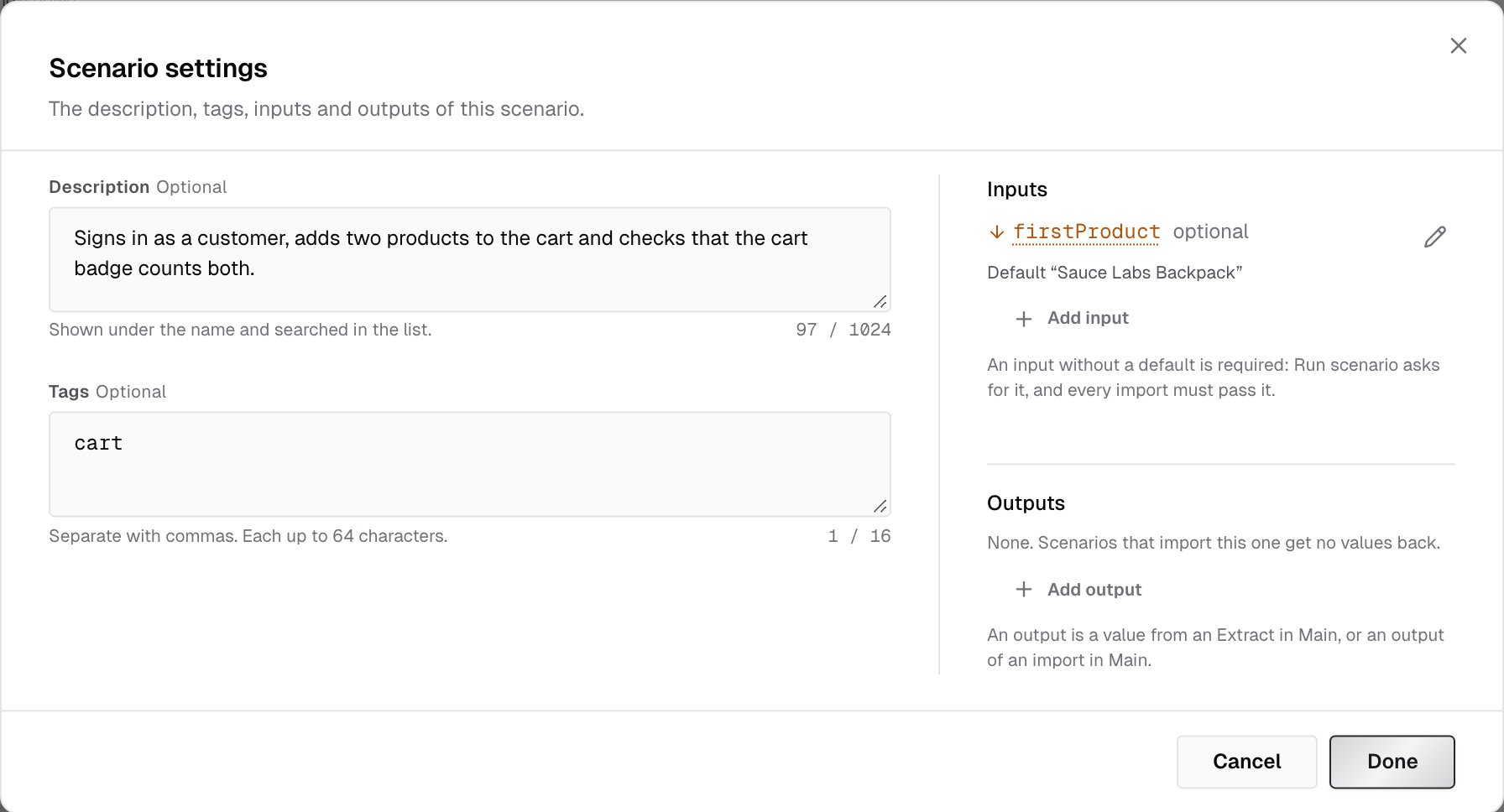 Scenario settings dialog with a description, tags, an optional input with its default value, and the Outputs section