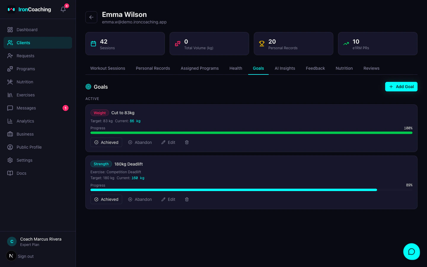 Client goals tab showing progress bars for strength and weight targets