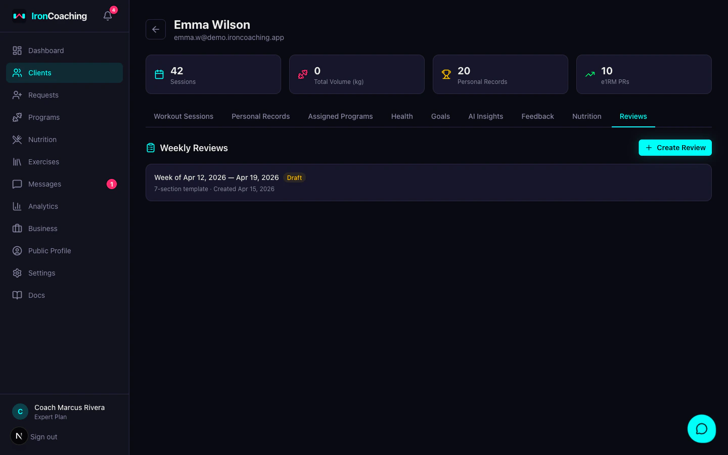 Client reviews tab showing completed weekly reviews and Create Review button