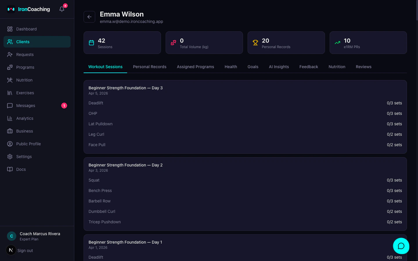 Client workout sessions tab showing IronLedger synced workout history