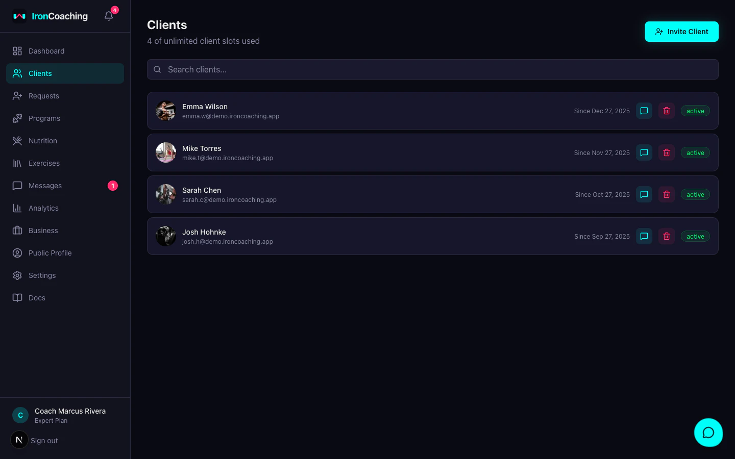 Client list page showing athletes with avatars, status badges, and remove button