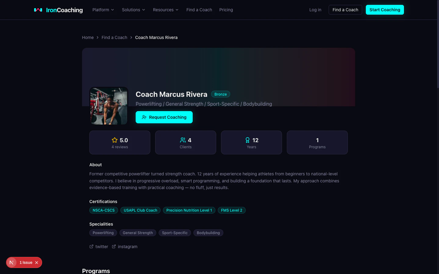 Public coach profile page showing bio, specialities, and marketplace listing