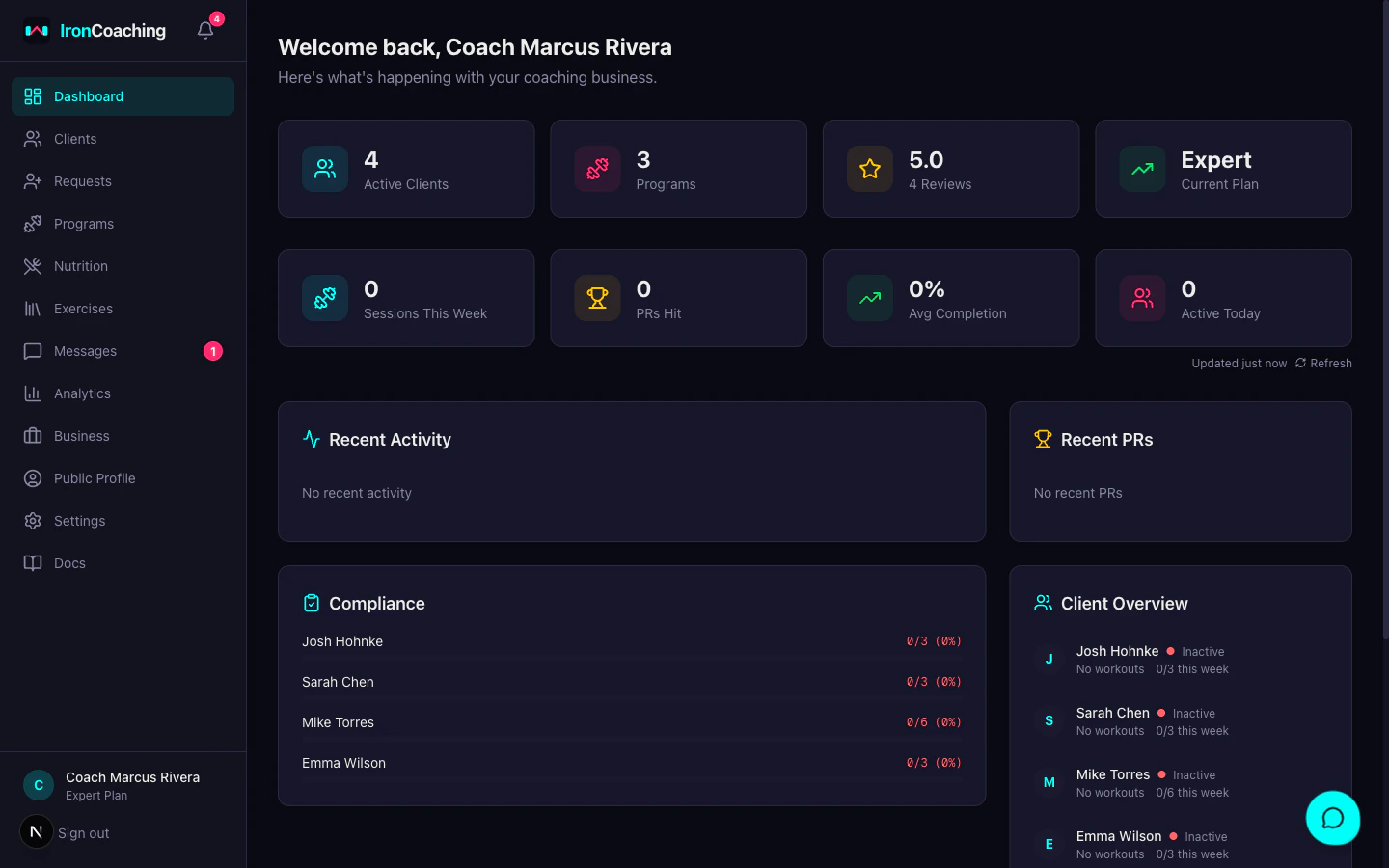 IronCoaching coach dashboard showing stats, compliance tracking, and client overview