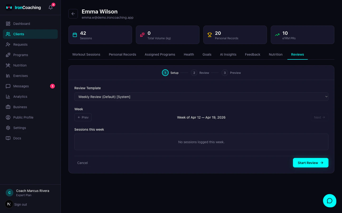 Create weekly review wizard showing Step 1 setup with template selection