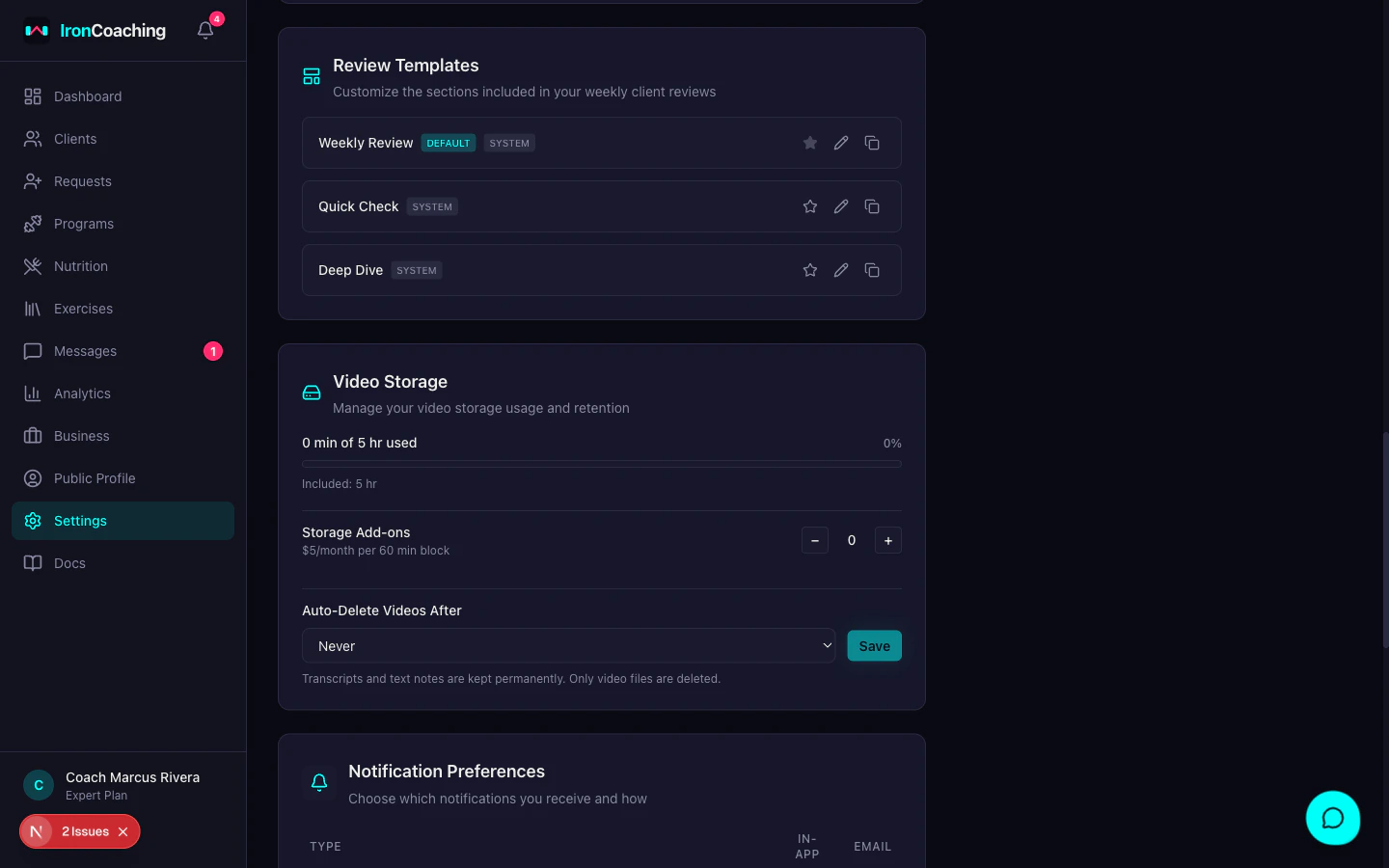 Settings page showing Review Templates configuration and Video Storage section