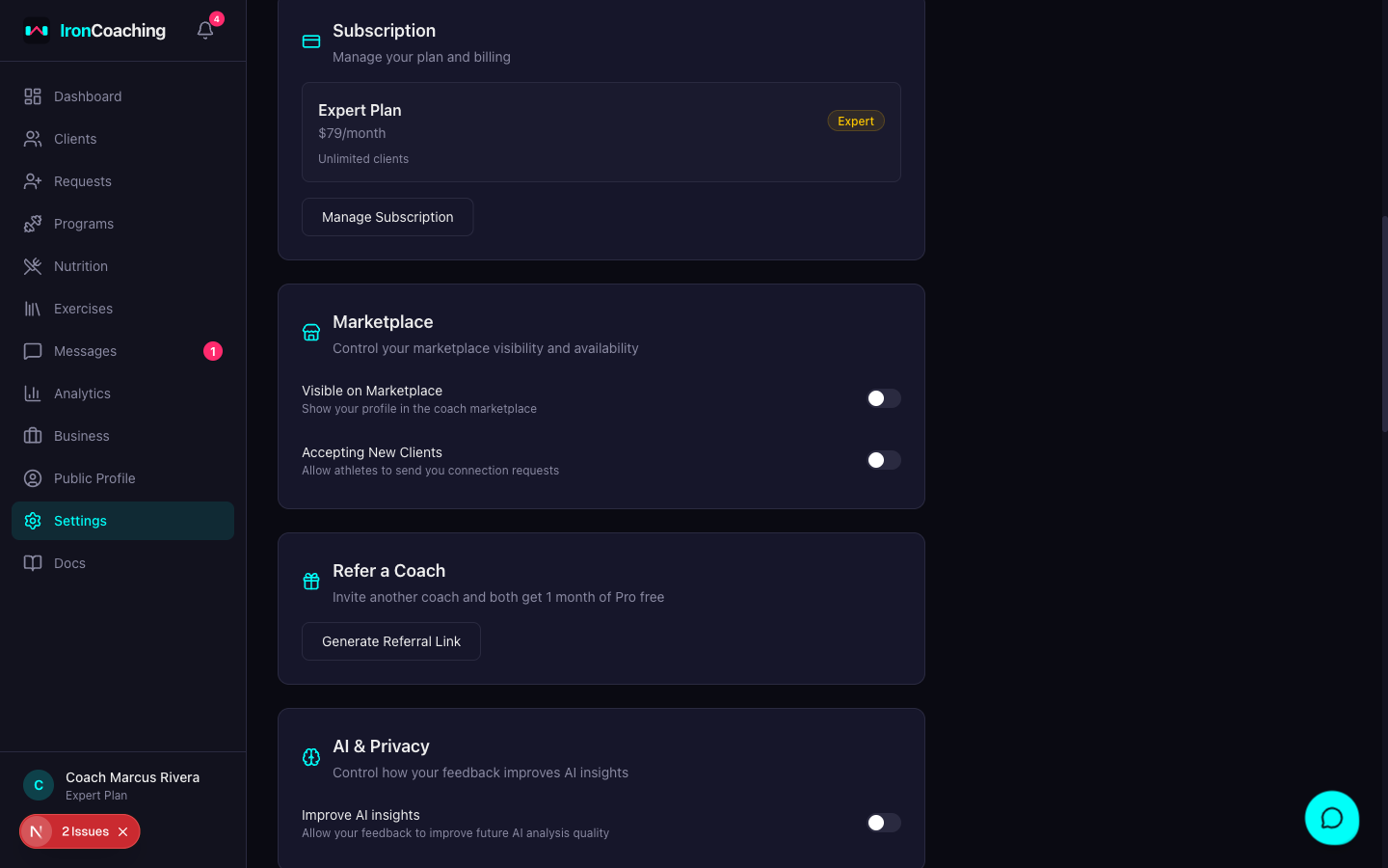 Settings subscription section showing current plan and upgrade options