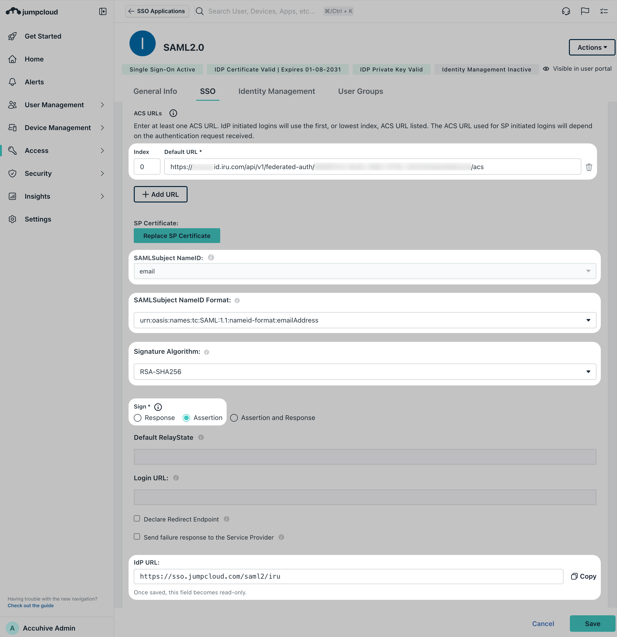 JumpCloud SSO tab ACS URL NameID Signature Assertion Save