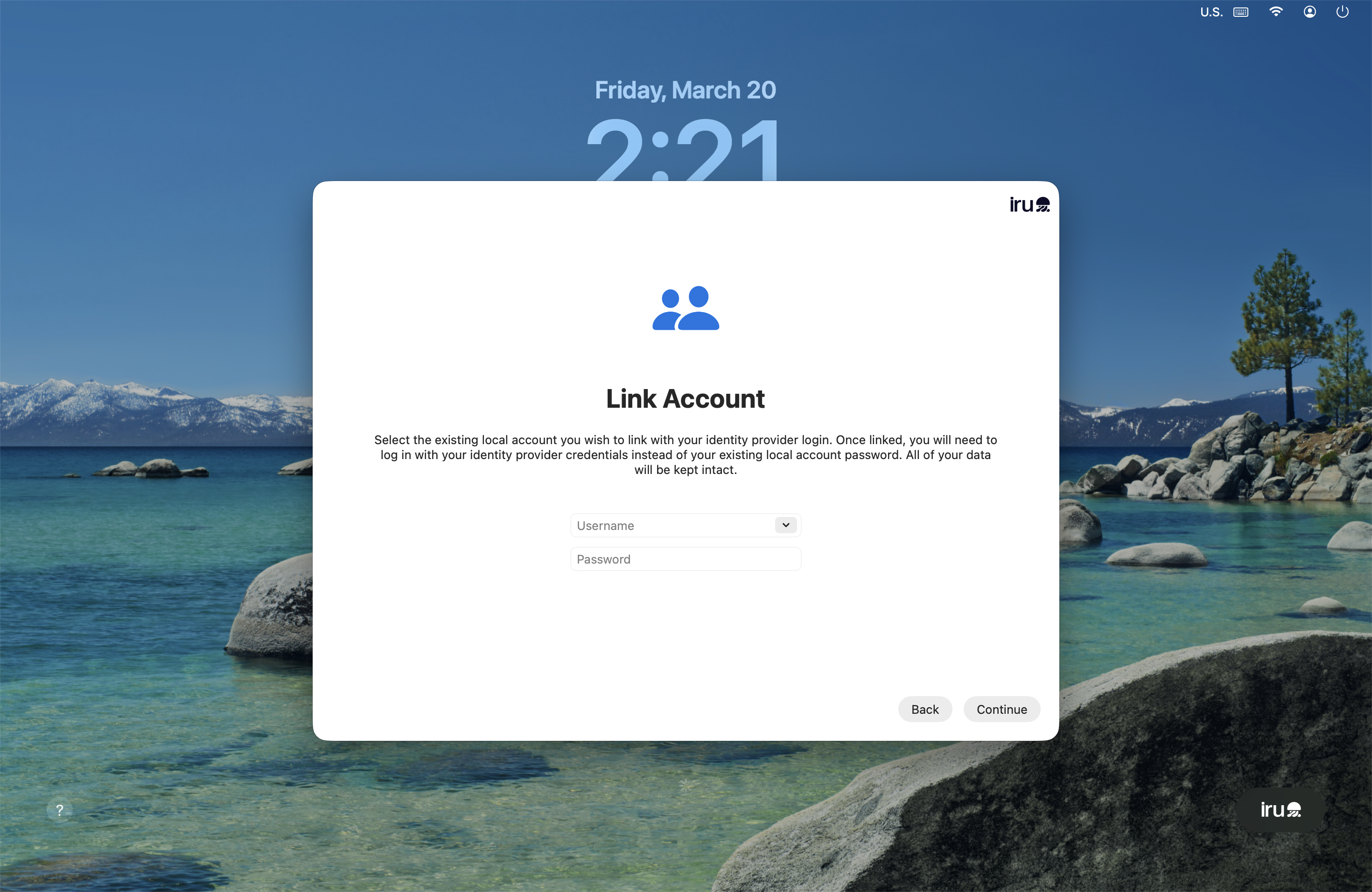 Link Account dialog with local account dropdown and password field, and Back and Continue buttons