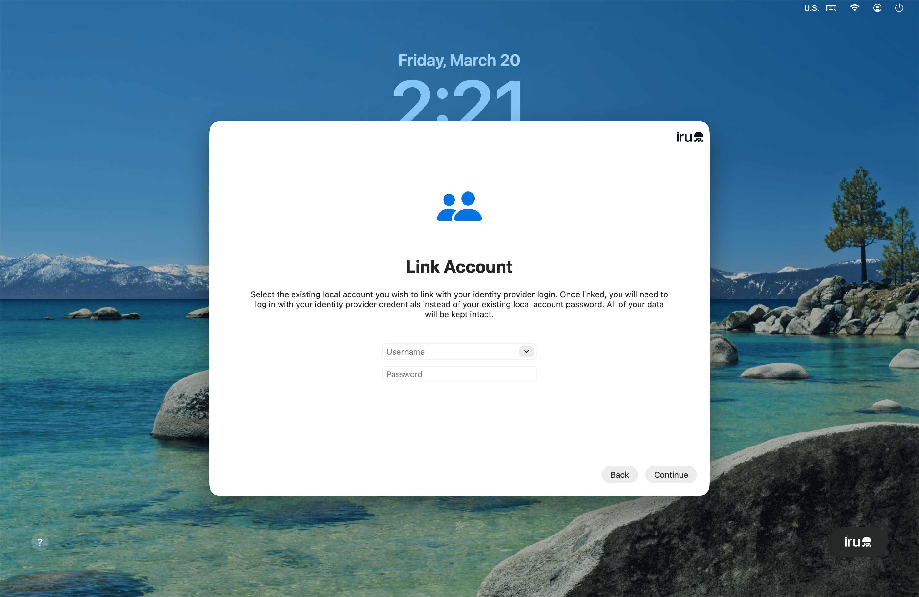 Link Account dialog with local account dropdown and password field, and Back and Continue buttons
