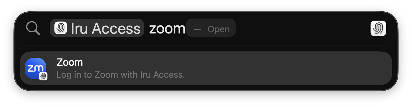 macOS Spotlight showing a Zoom result with the subtitle 'Log in to Zoom with Iru Access' and an Open action.