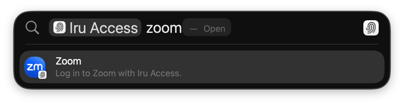macOS Spotlight showing a Zoom result with the subtitle 'Log in to Zoom with Iru Access' and an Open action.