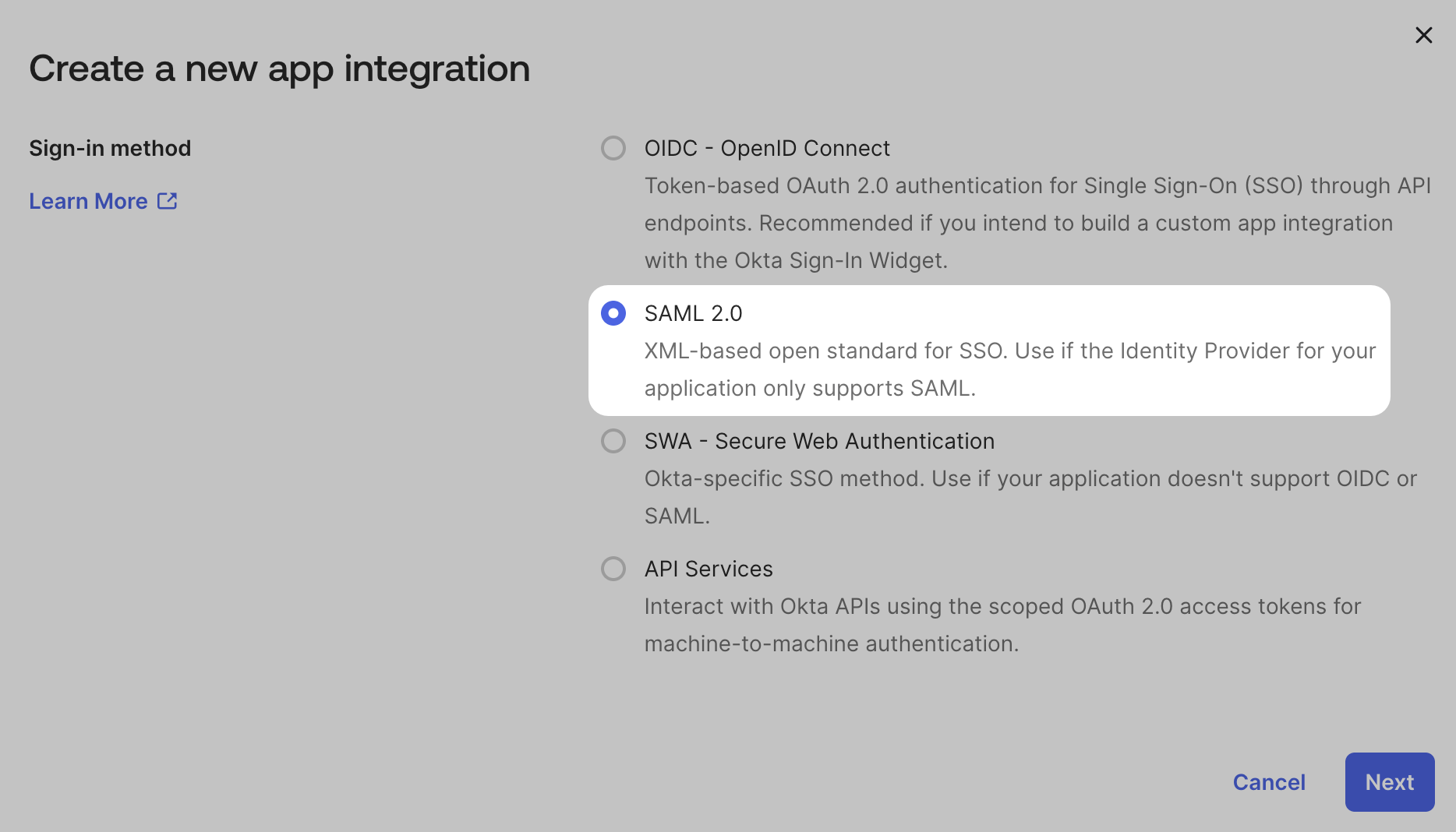 Okta Select SAML 2.0 and Next