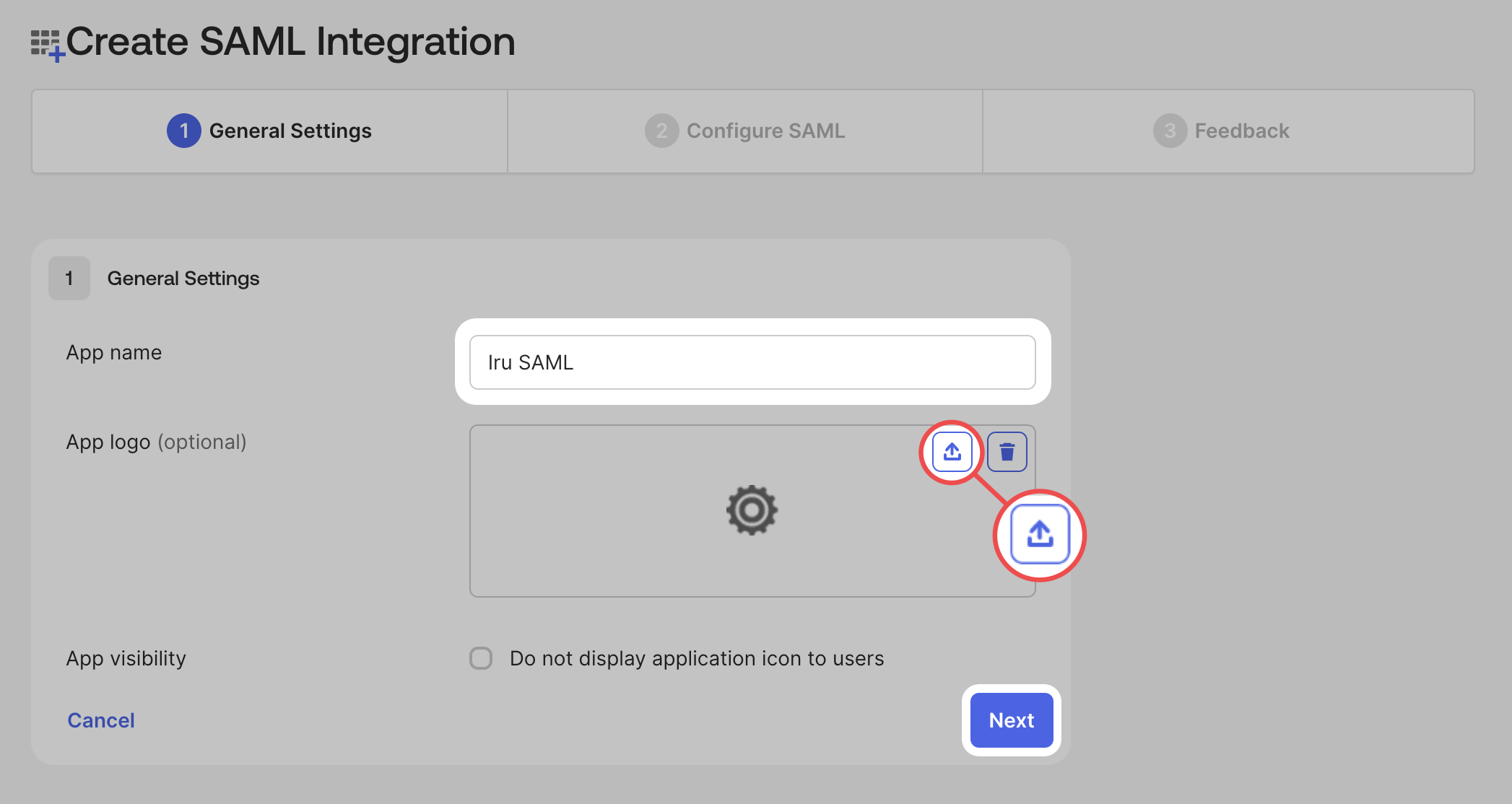 Okta App name and App logo and Next