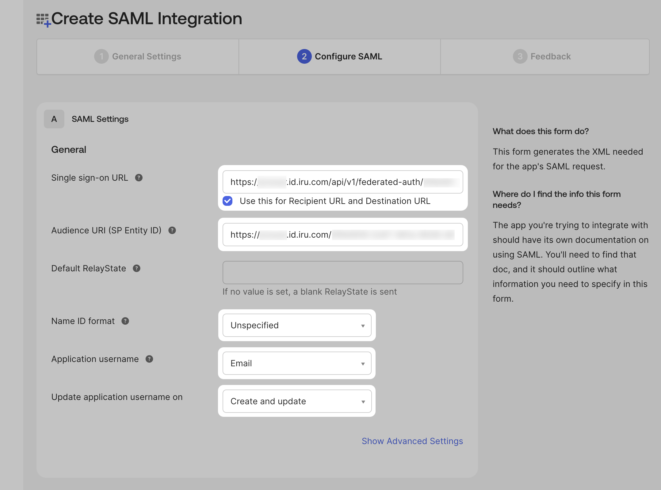 Okta SAML Single sign-on URL Audience URI and Next