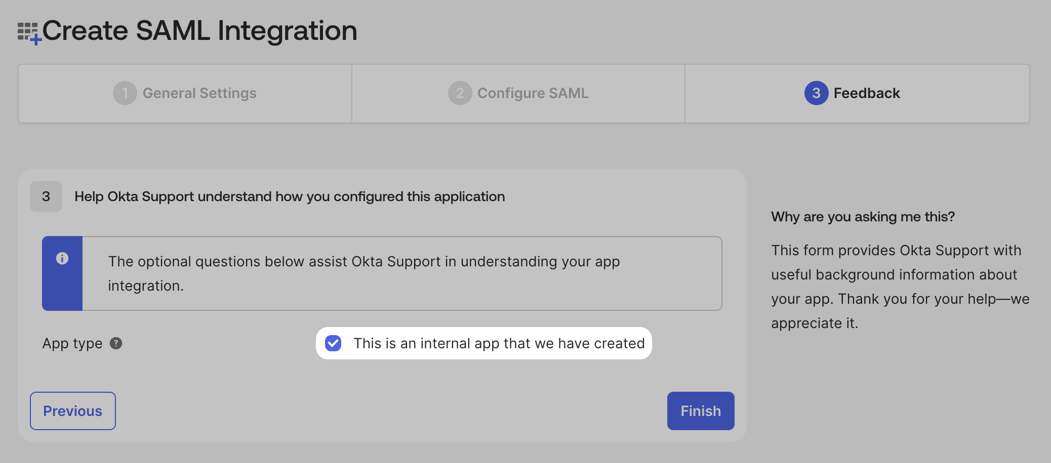 Okta This is an internal app and Finish