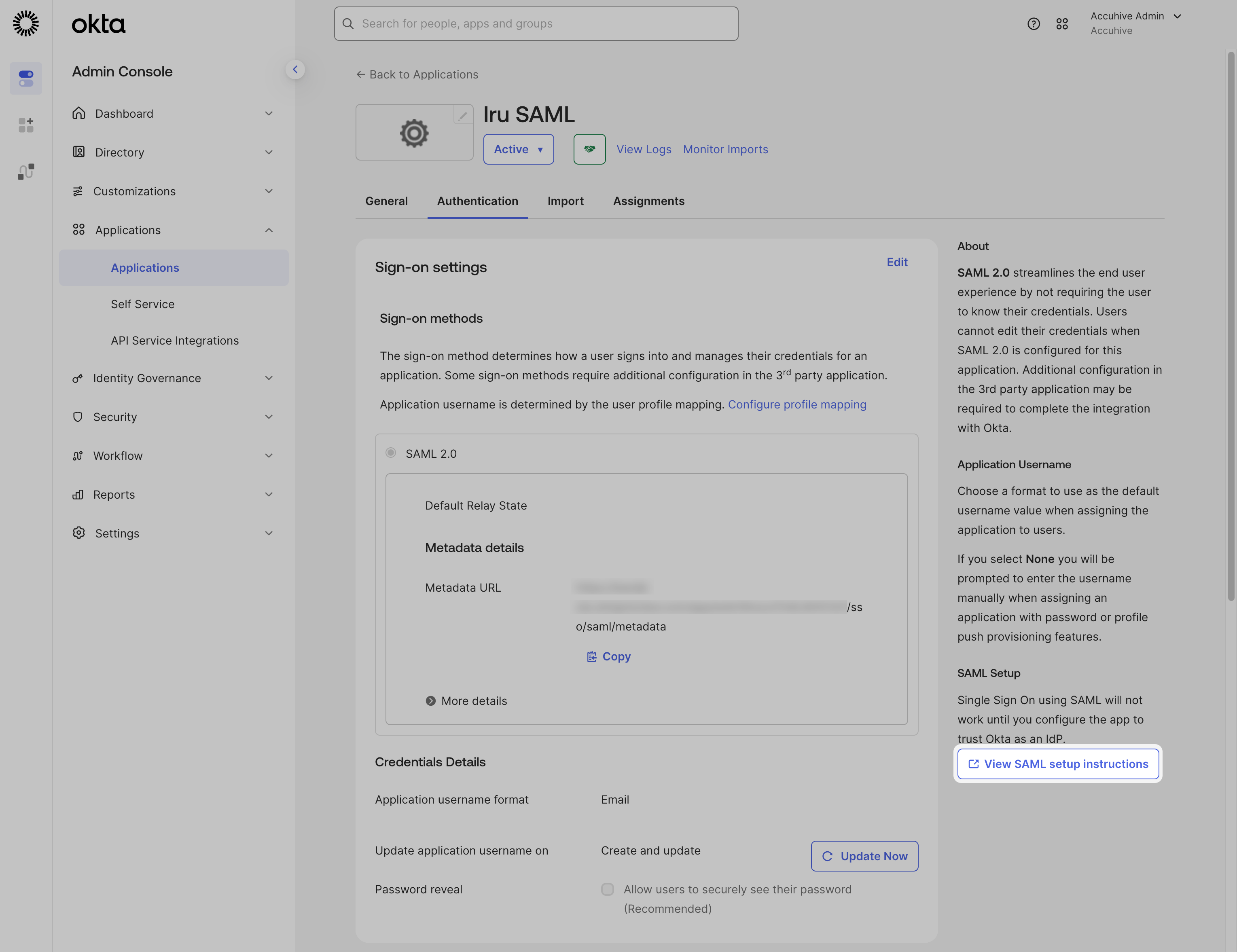 Okta Sign On tab View SAML setup instructions