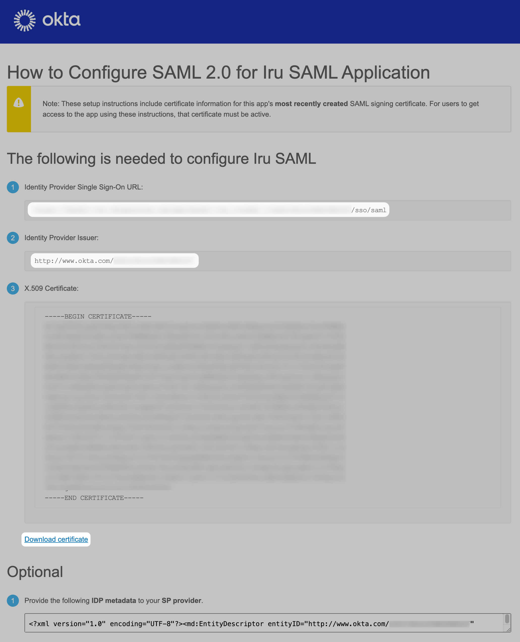 Okta SAML setup instructions and download certificate