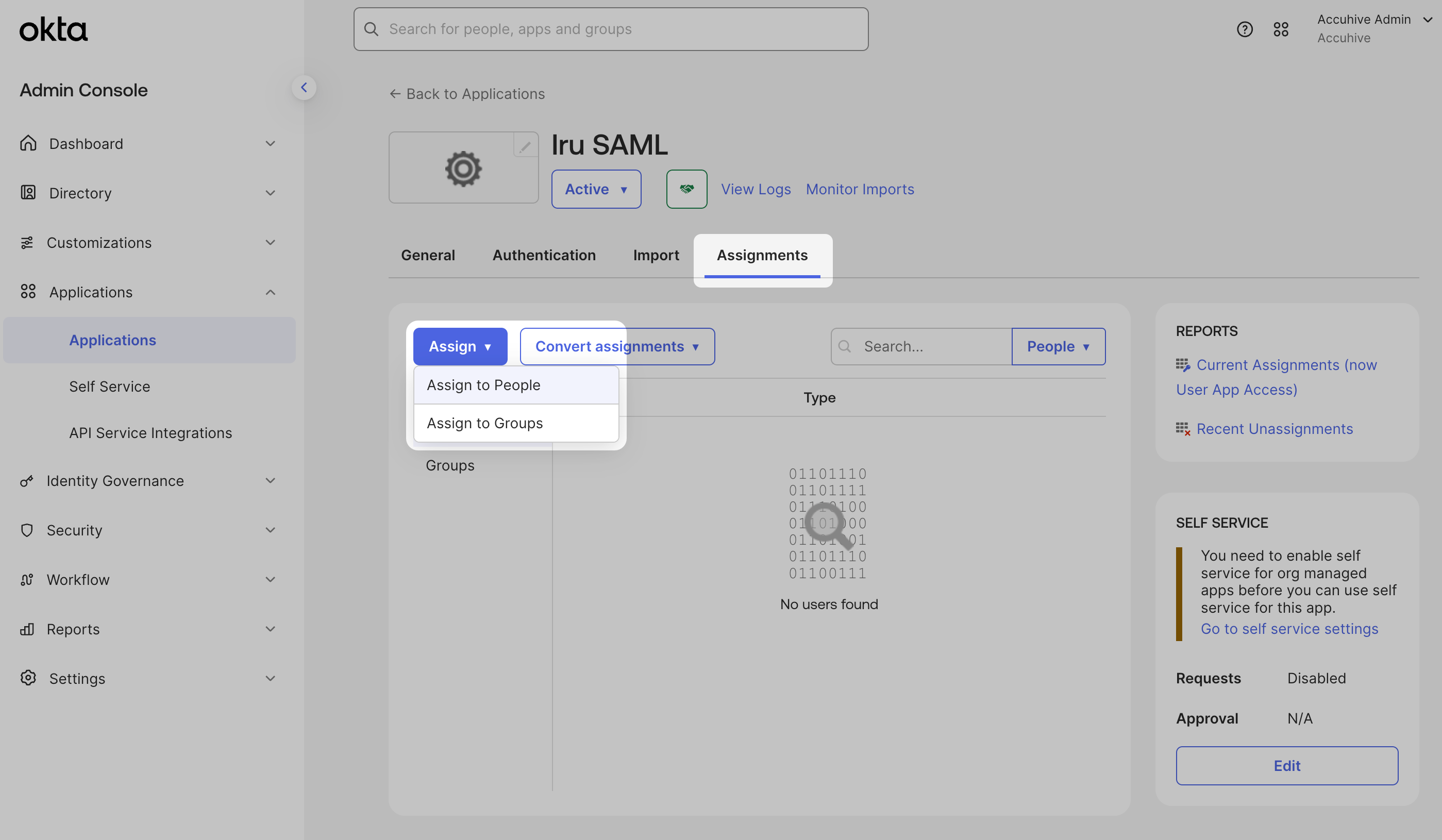 Okta app Assignments tab with Assign dropdown for Assign to People or Assign to Groups