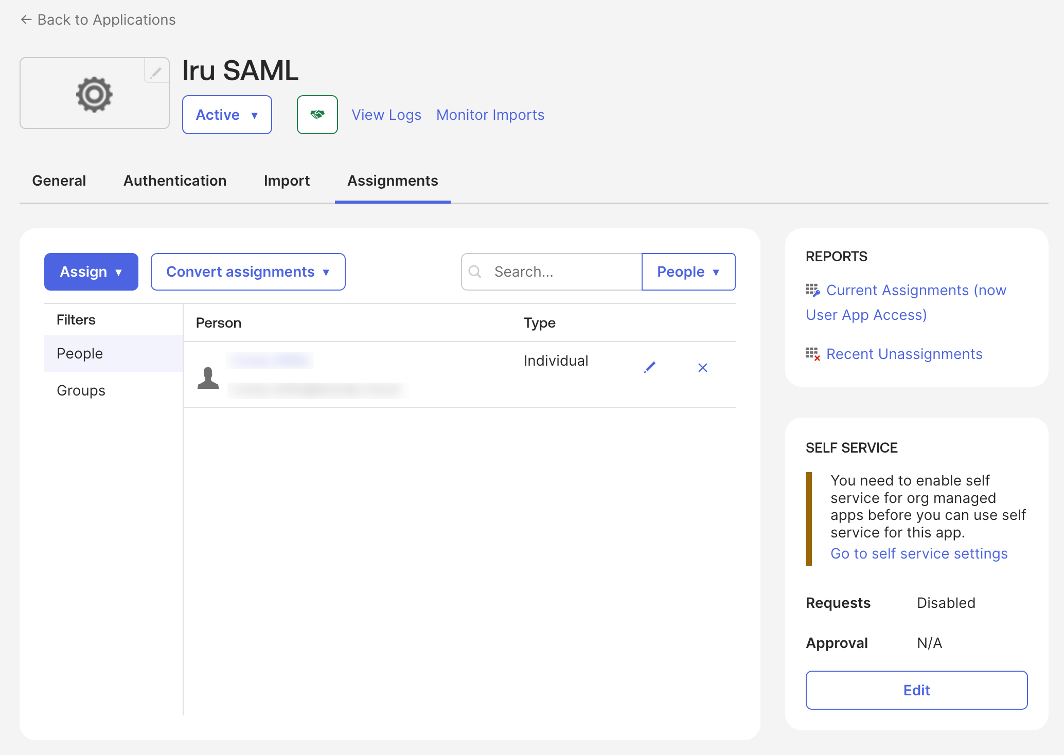 Okta Assignments list showing assigned users or groups
