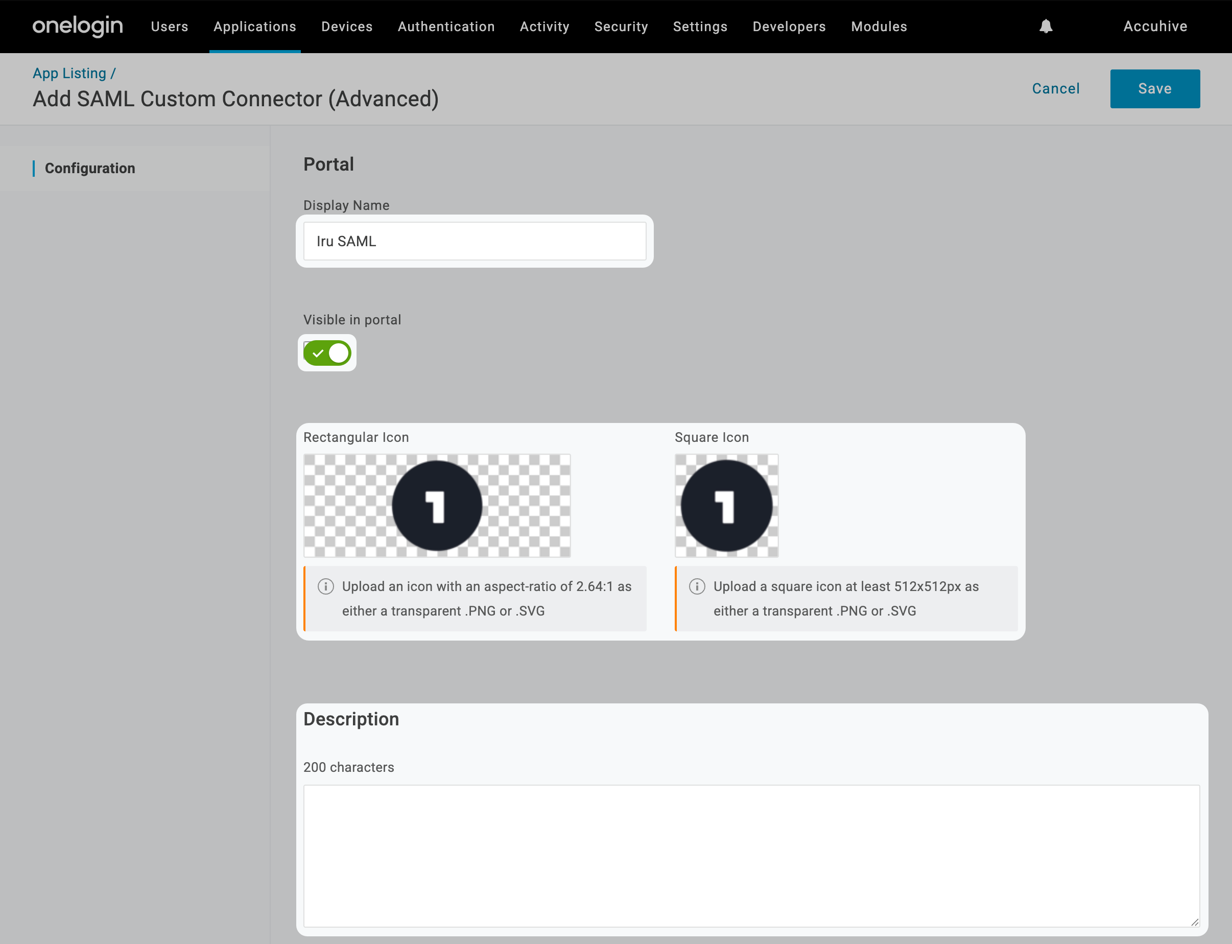 OneLogin app name portal visibility icons description Save