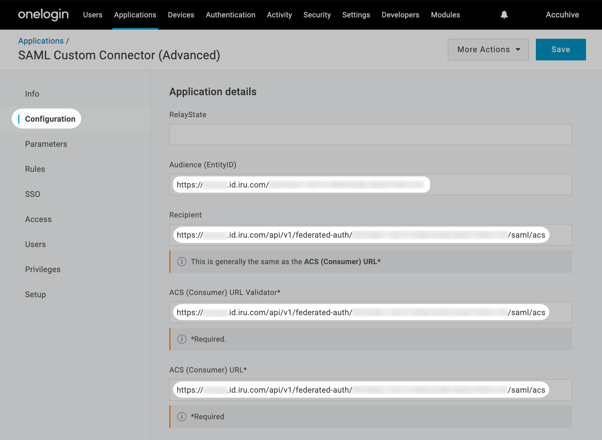 OneLogin Configuration Audience Entity ID Recipient ACS URL