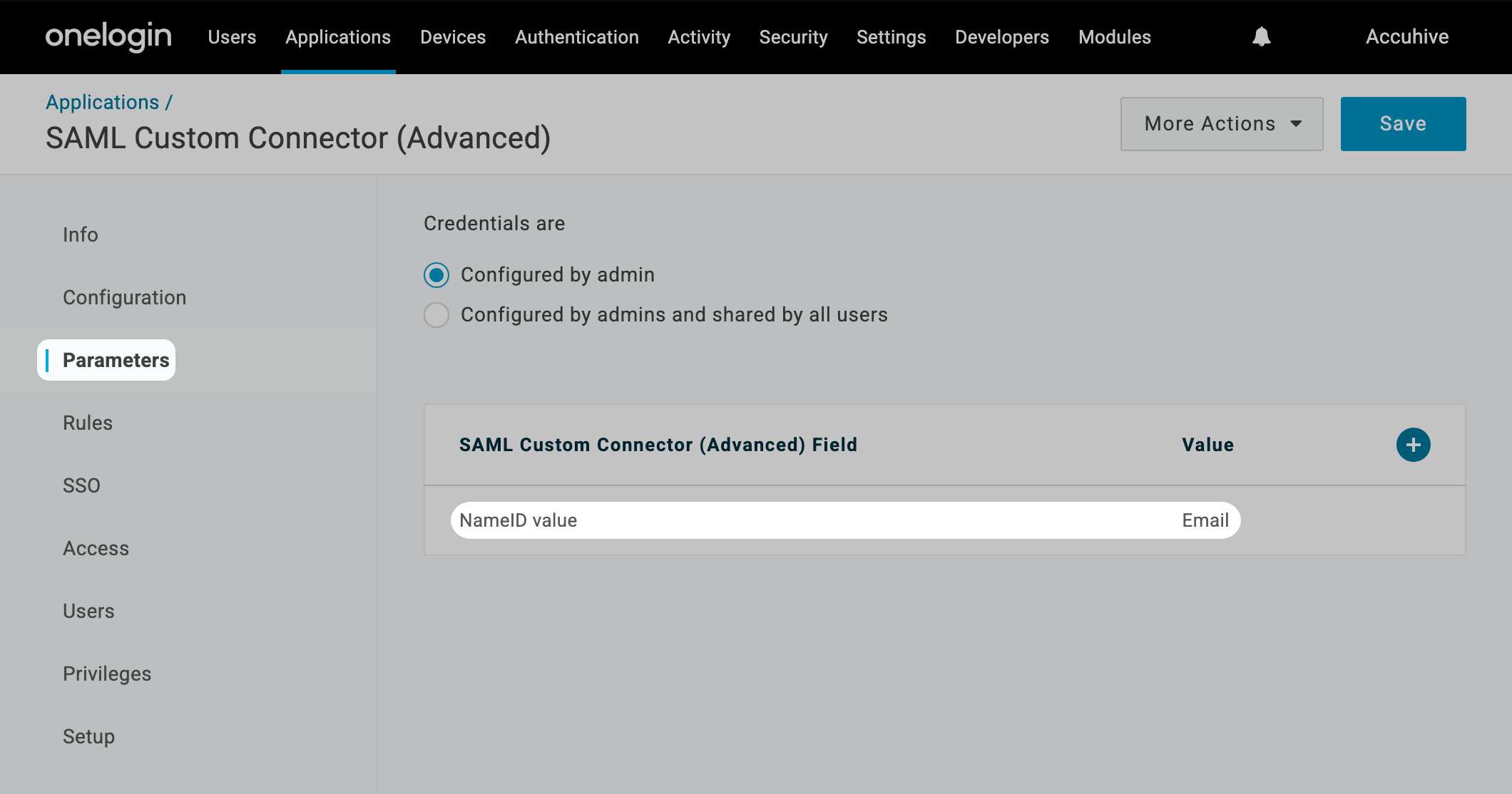 OneLogin Parameters Name ID set to Email