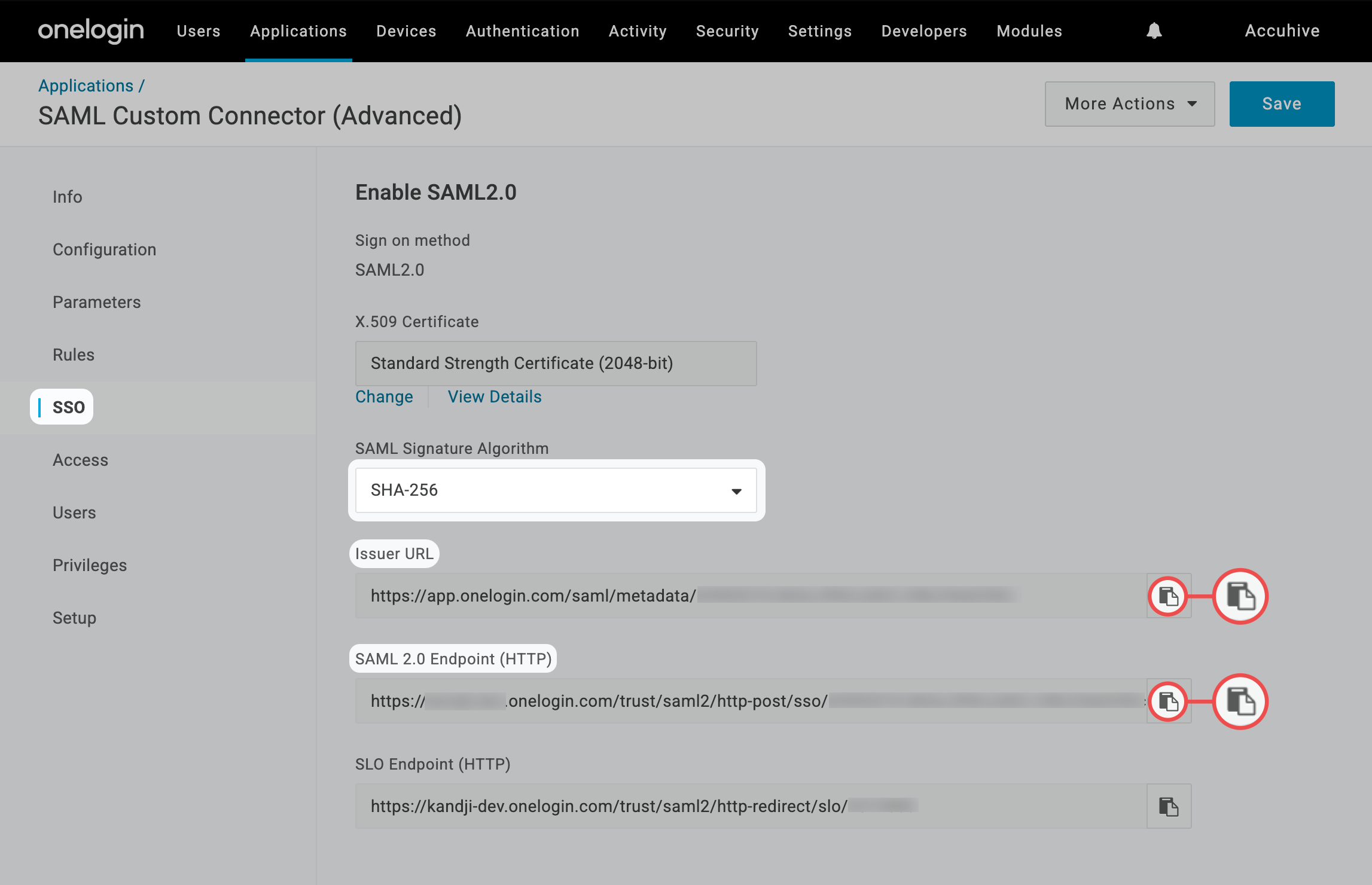 OneLogin SSO tab Issuer URL SAML 2.0 Endpoint Save
