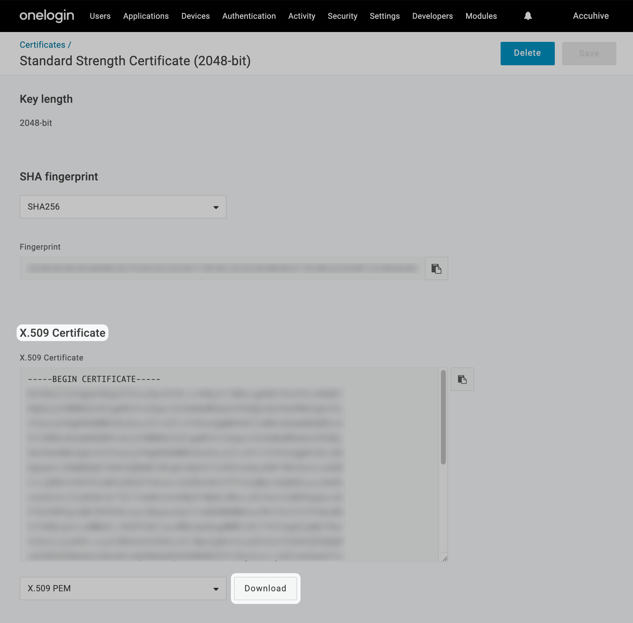 OneLogin Download certificate