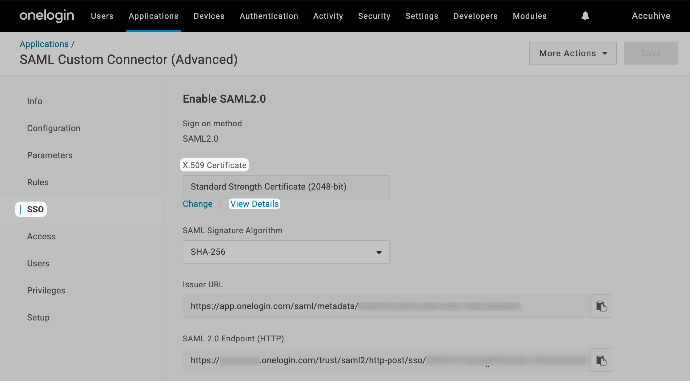 OneLogin SSO tab View Details for certificate