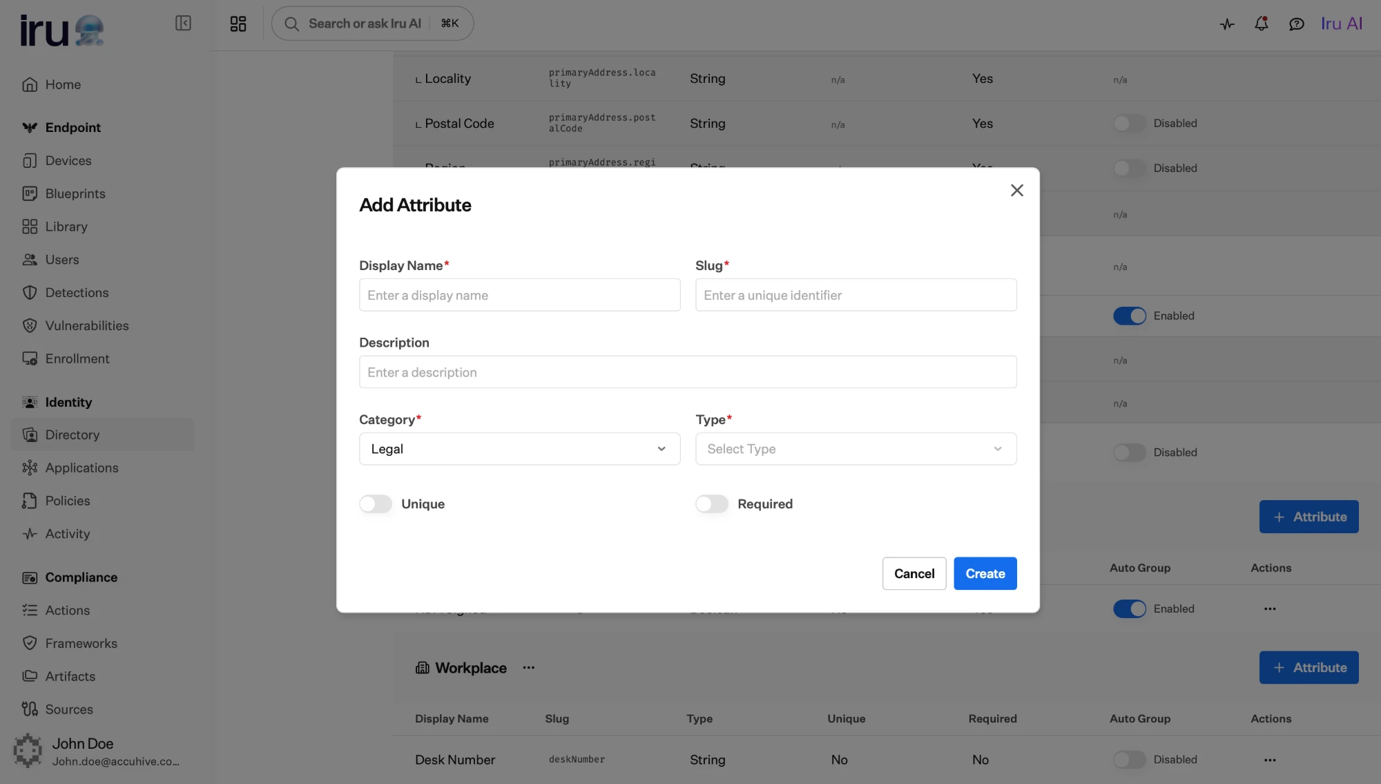 The Add Attribute dialog with Display Name, Slug, and Description fields, Category and Type selectors, and Unique and Required toggles.