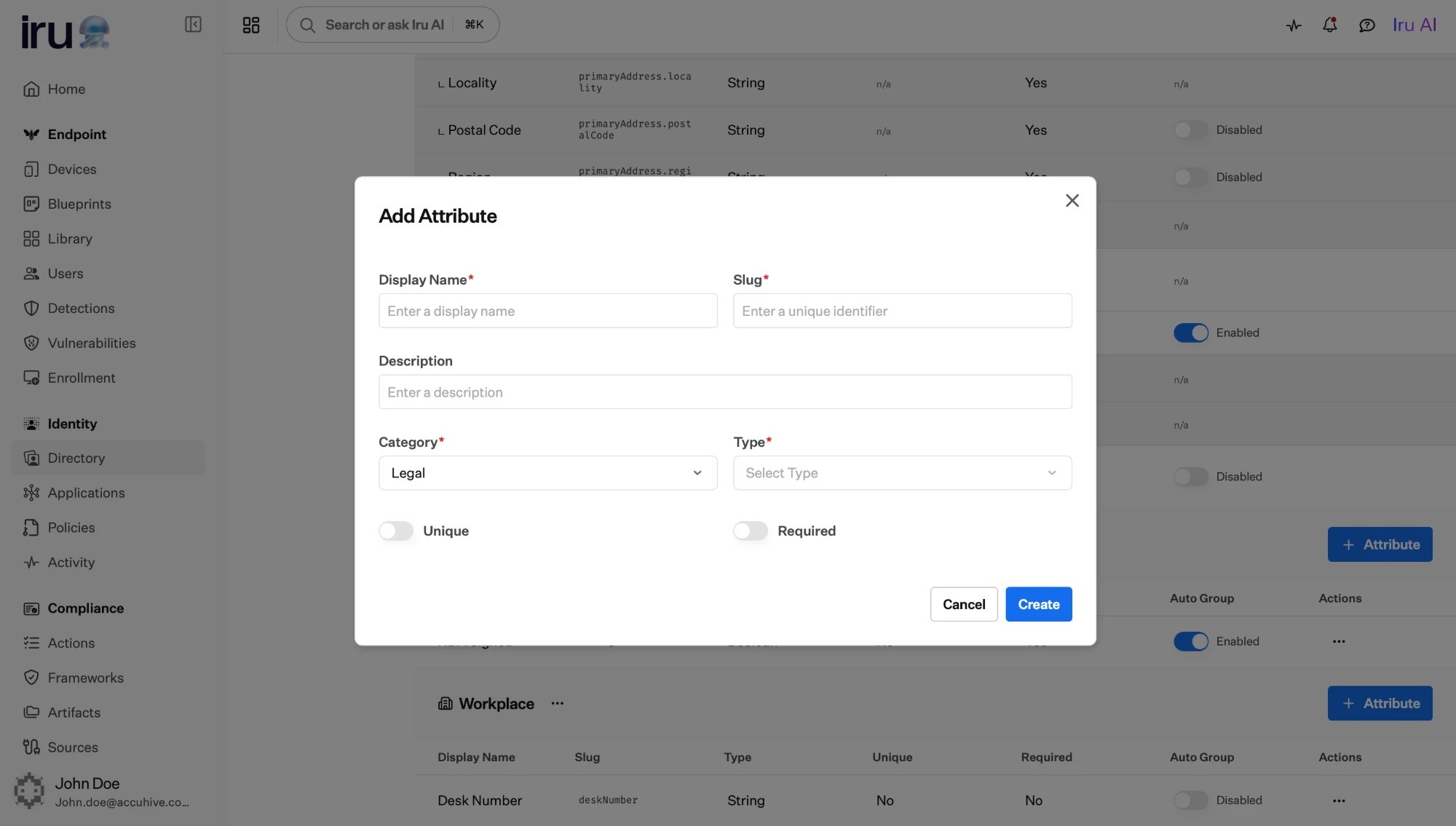 The Add Attribute dialog with Display Name, Slug, and Description fields, Category and Type selectors, and Unique and Required toggles.