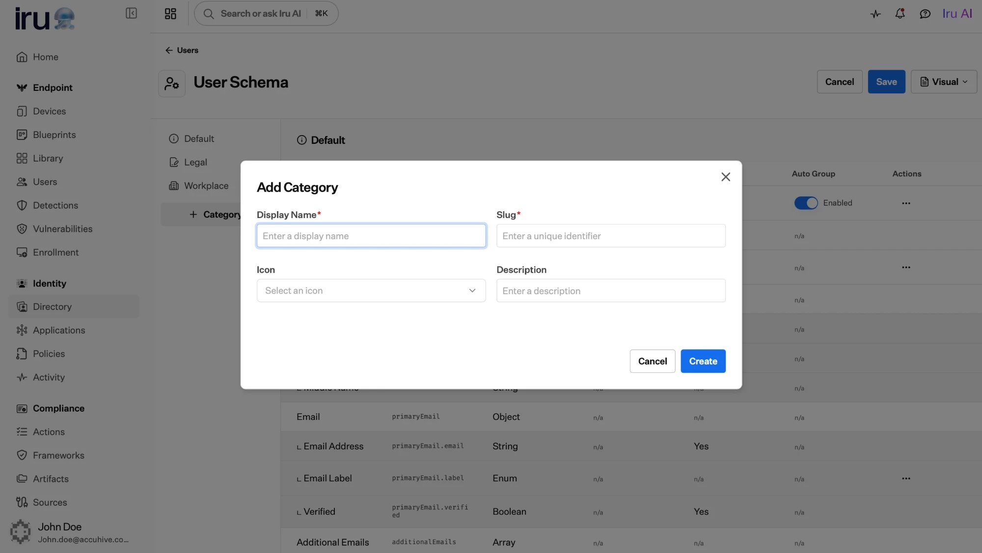 The Add Category dialog with Display Name, Slug, Icon, and Description fields.