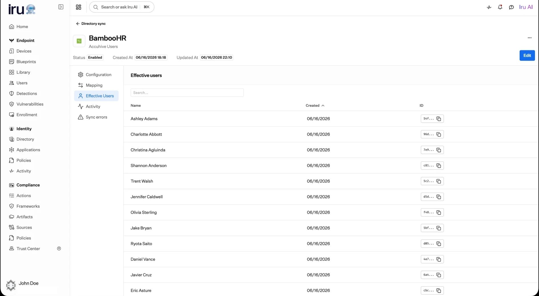 The Effective Users tab of a connection, listing synced users such as Ashley Adams and Charlotte Abbott with their created date and ID.