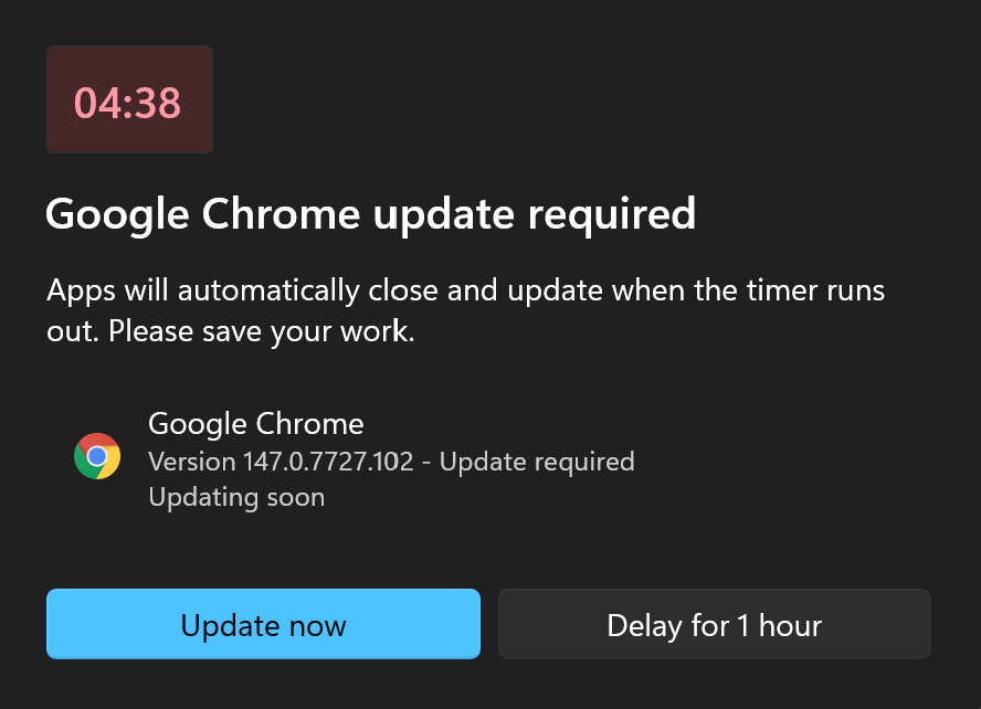 Windows enforcement countdown with Update now and delay options before a required app install or update