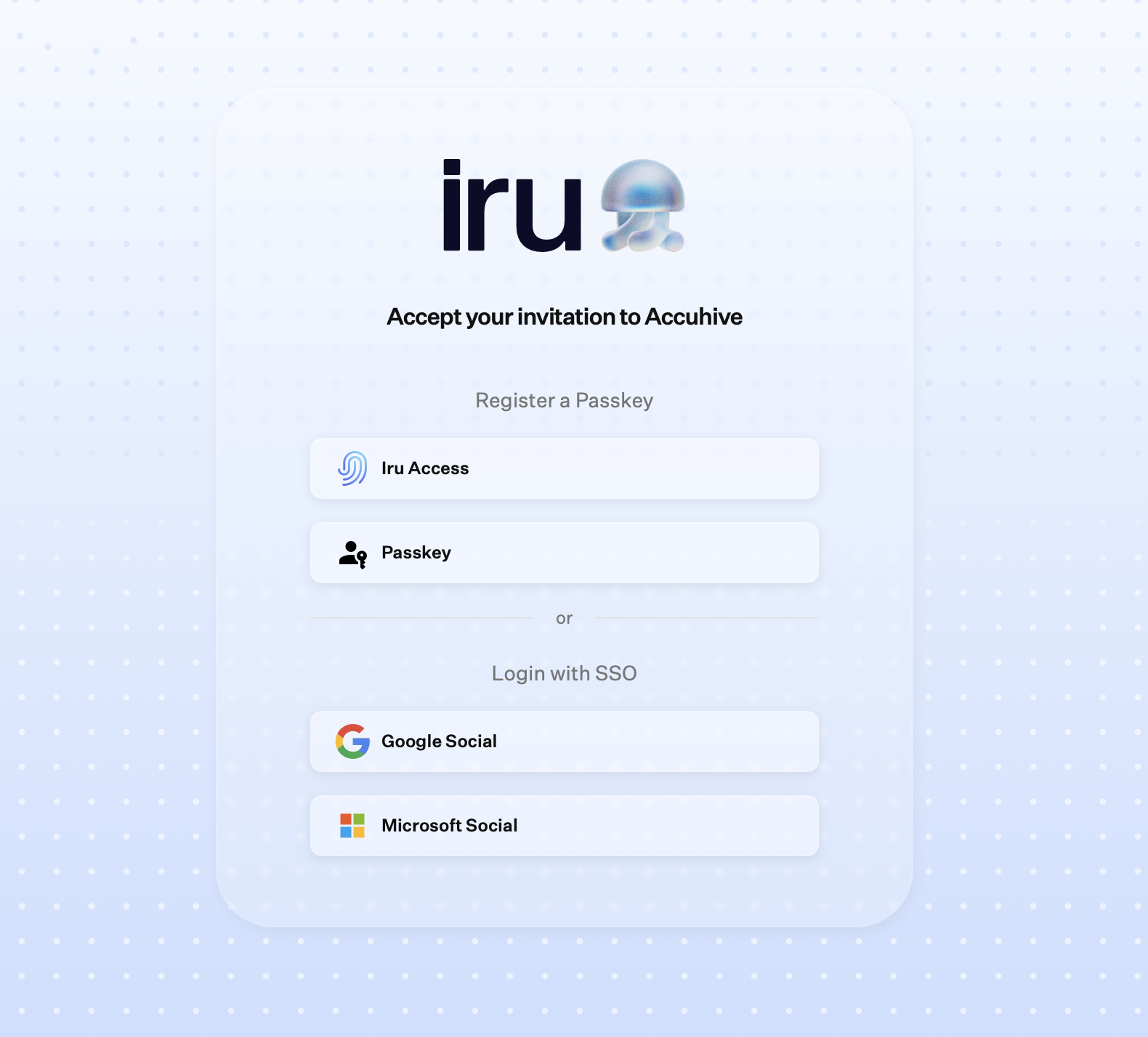 The Accept your invitation page with options to register a passkey with Iru Access or a standalone passkey, or to log in with Google or Microsoft SSO.