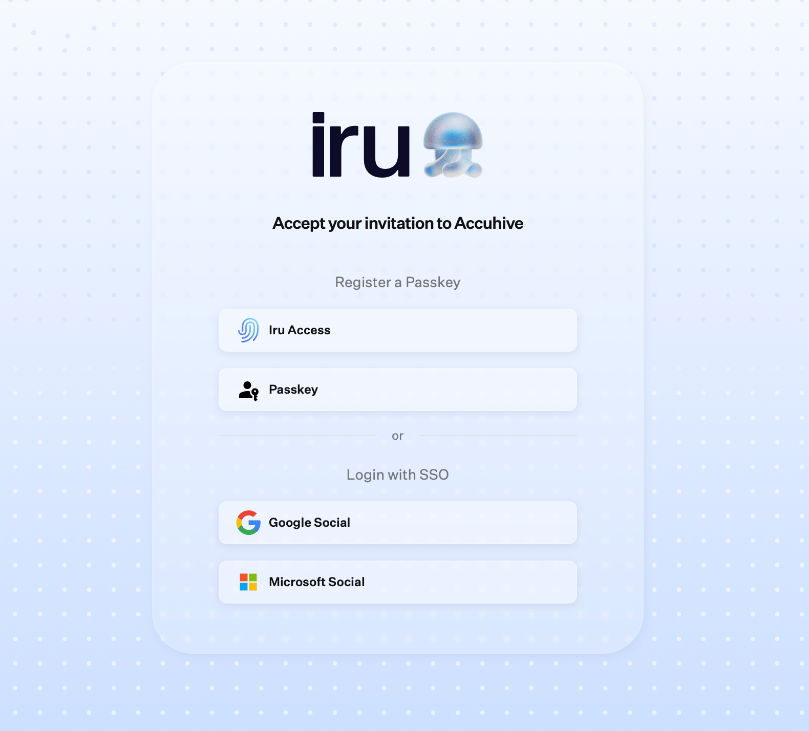The Accept your invitation page with options to register a passkey with Iru Access or a standalone passkey, or to log in with Google or Microsoft SSO.