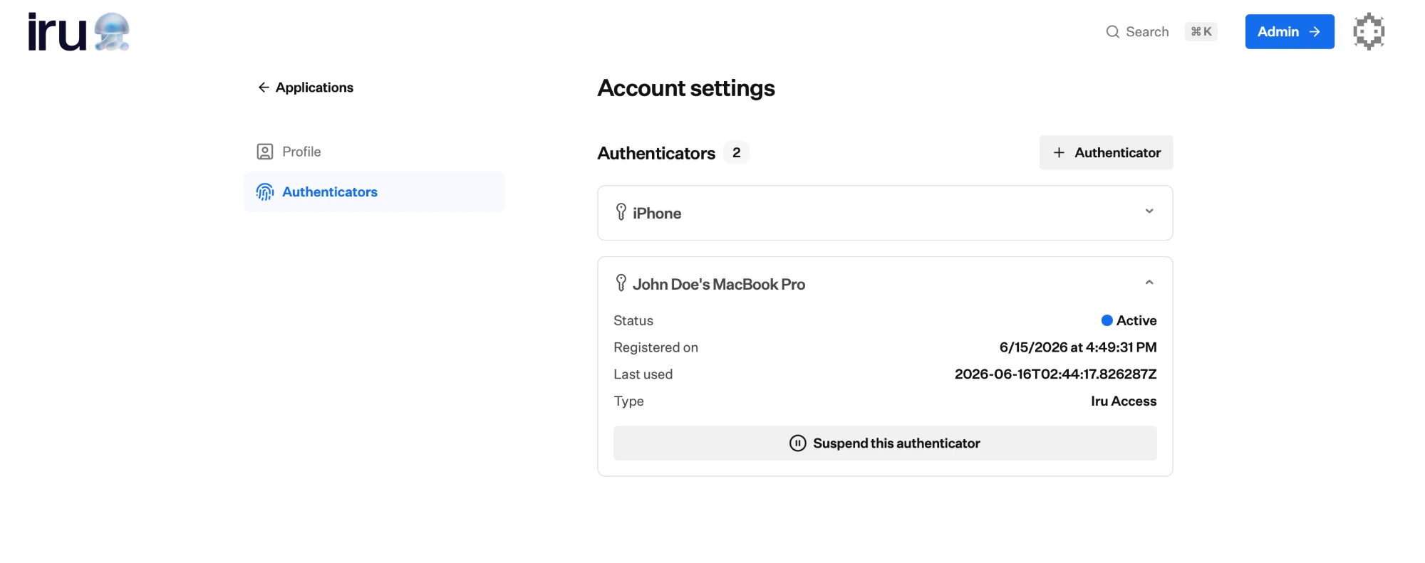 The Authenticators tab of Account settings listing an iPhone and a MacBook Pro; the MacBook Pro is expanded showing Active status, registered and last-used timestamps, type Iru Access, and a Suspend this authenticator button.
