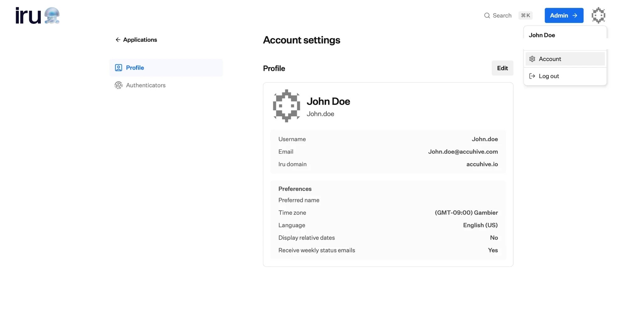 The Account settings Profile tab showing username, email, and Iru domain plus preferences such as time zone and language, with the avatar menu open to Account and Log out.