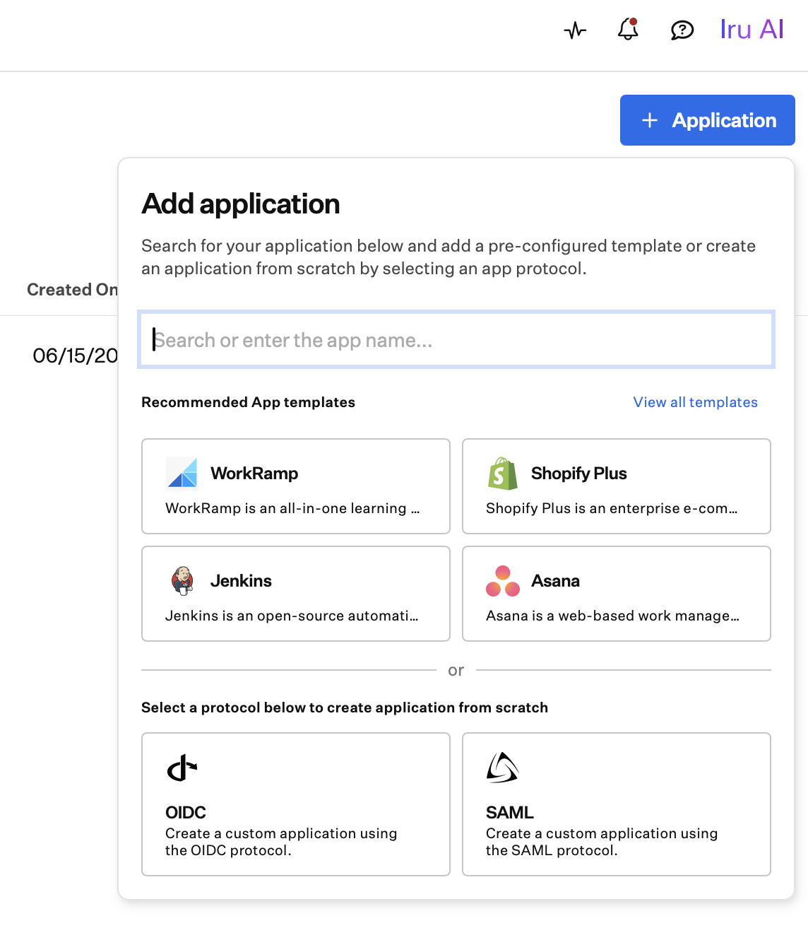 The Add application panel with a search box, recommended templates (WorkRamp, Shopify Plus, Jenkins, Asana) and a View all templates link, plus OIDC and SAML options to create an app from scratch.