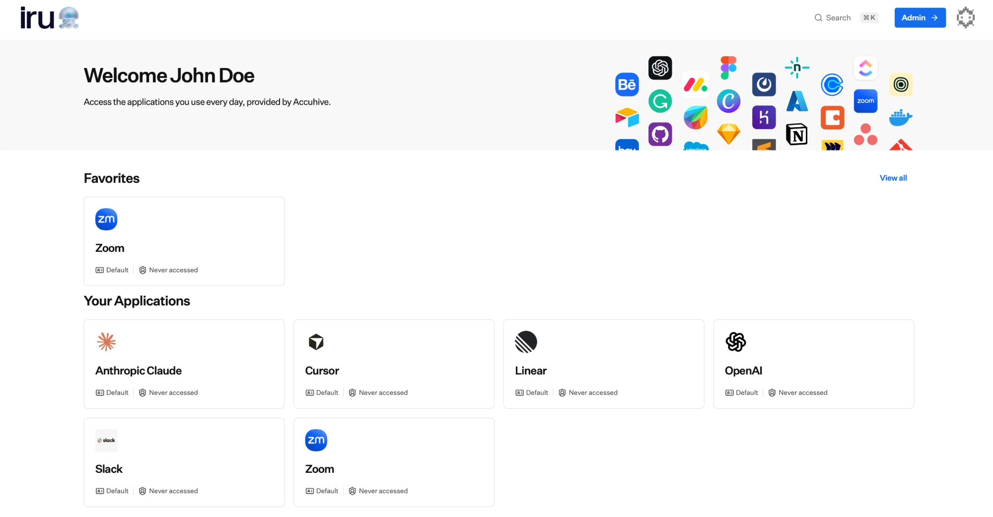 The Iru app dashboard showing a Favorites section and a Your Applications grid of app tiles.
