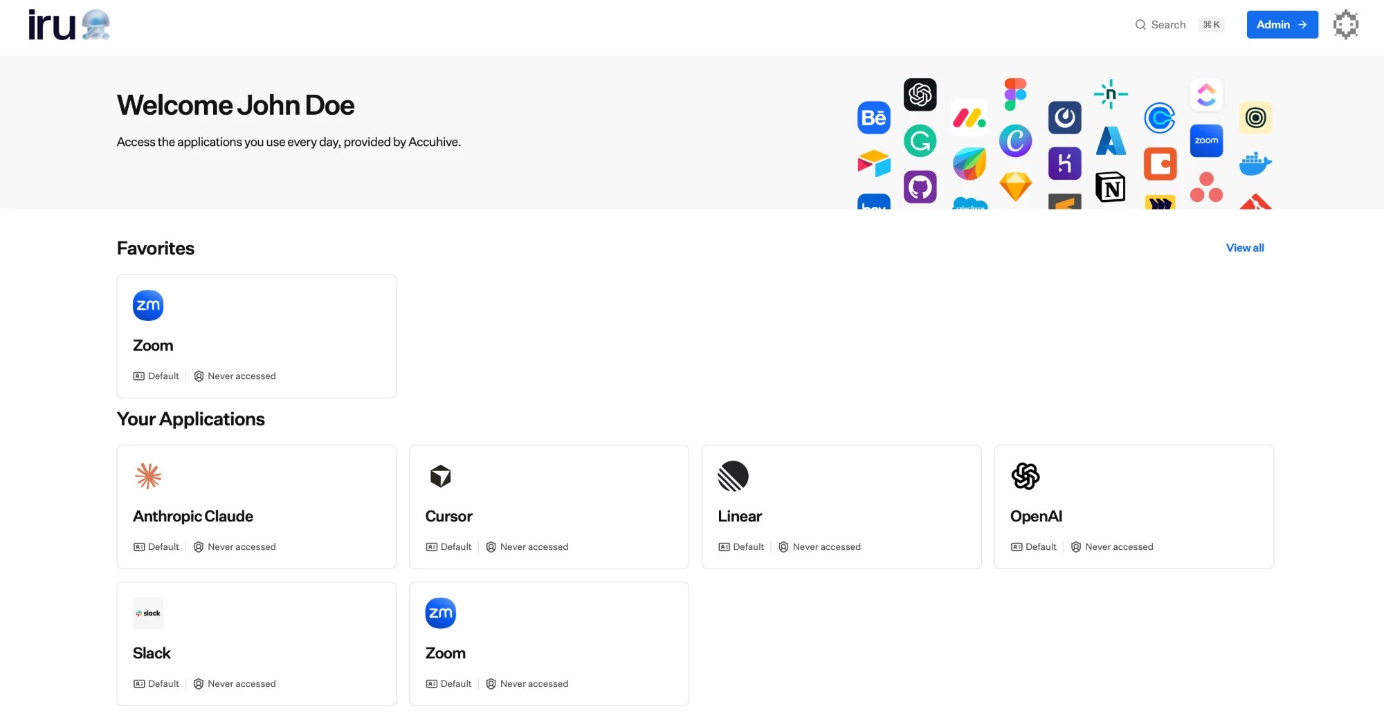 The Iru app dashboard showing a Favorites section and a Your Applications grid of app tiles.